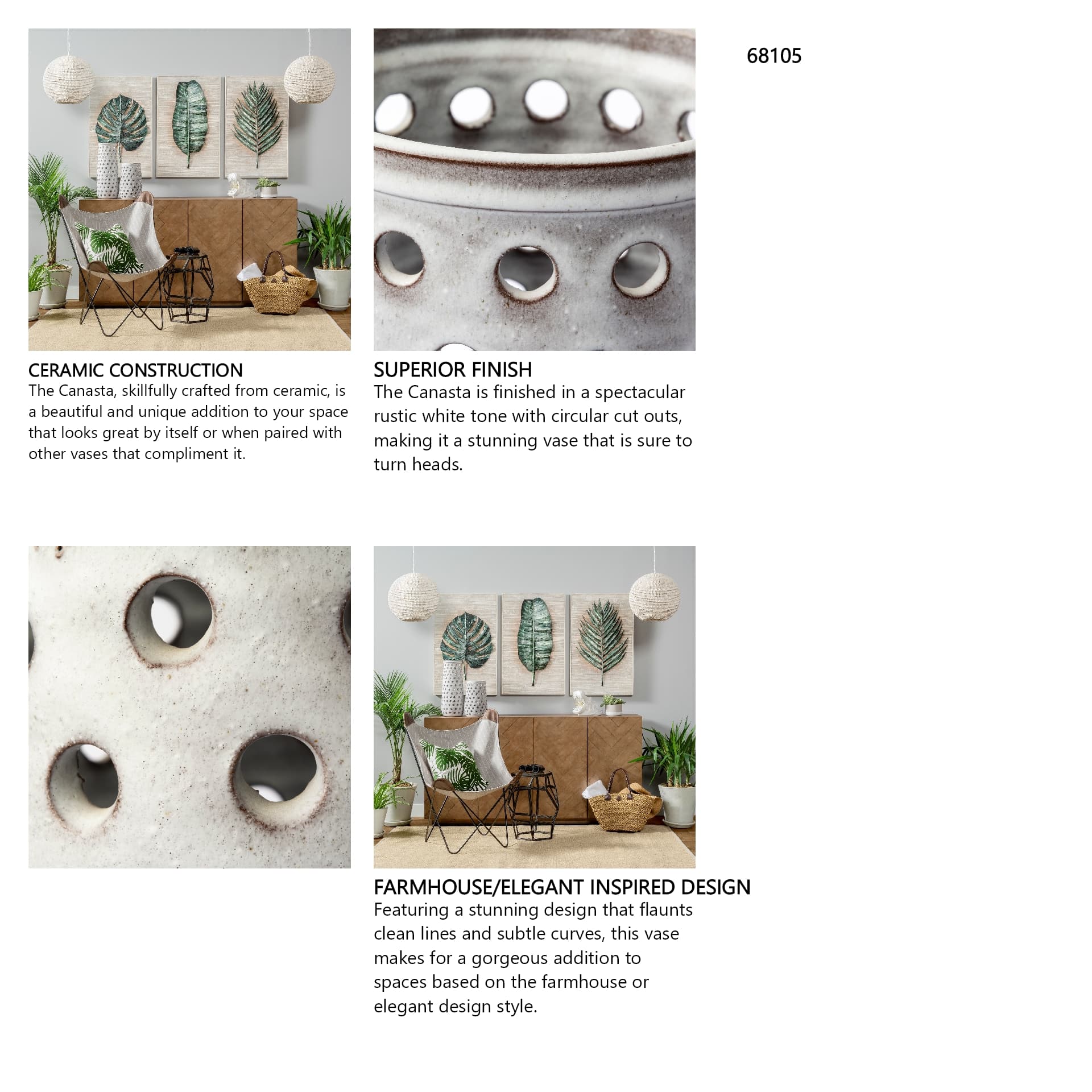 Canasta Large Rustic White Ceramic Decorative Vase — in a styled room
