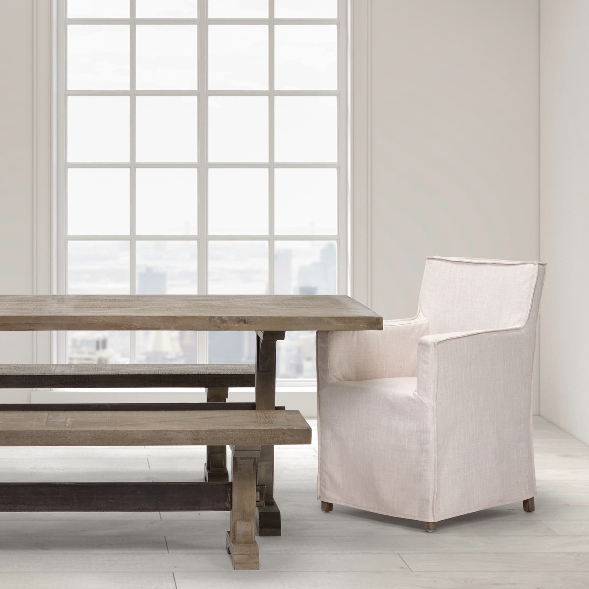 Elbert Solid Back Dining Side Chair | Cream Fabric w/ Brown Wood — product photograph