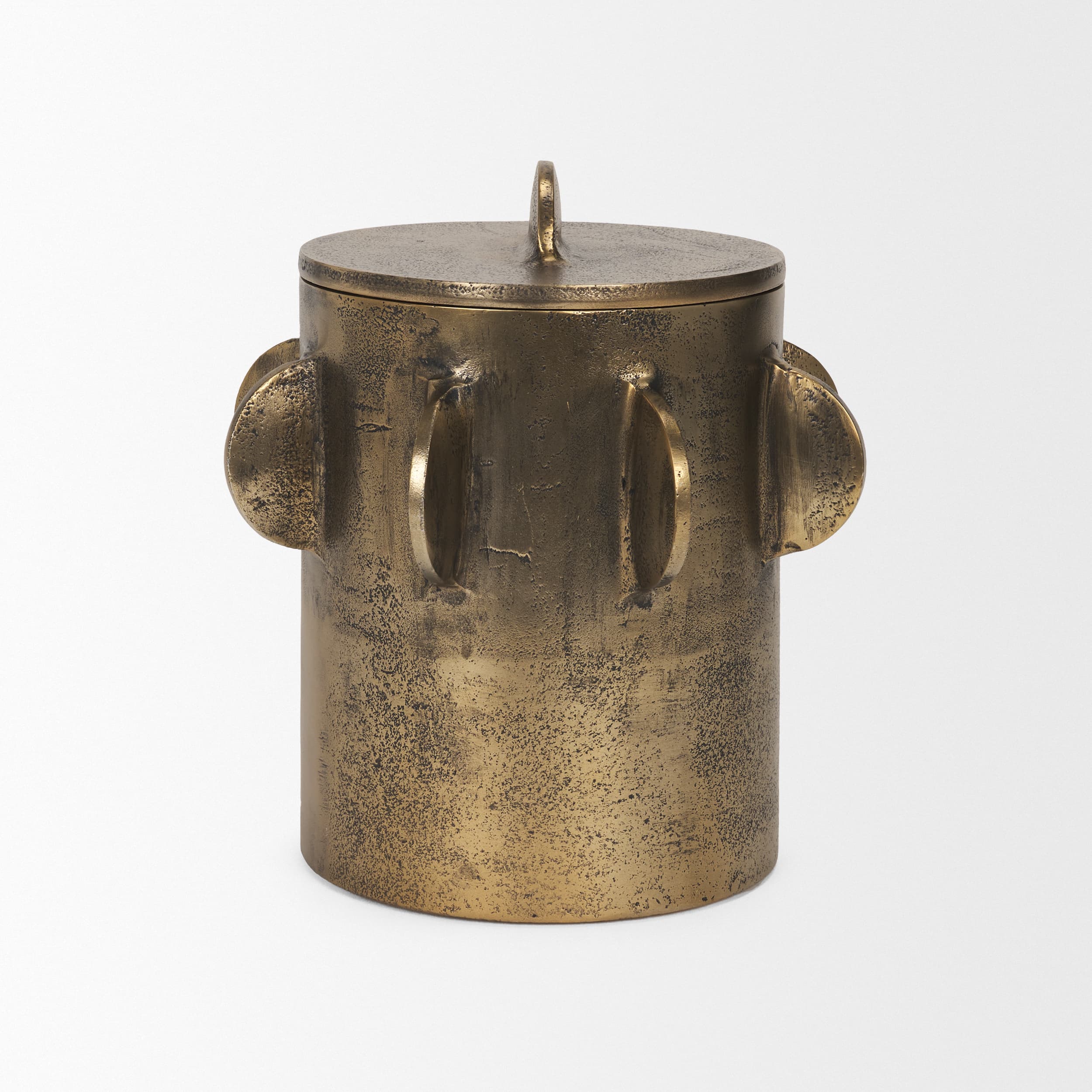 Deacon Large Antiqued Gold Metal Canister with Sculptural Handles — product photograph