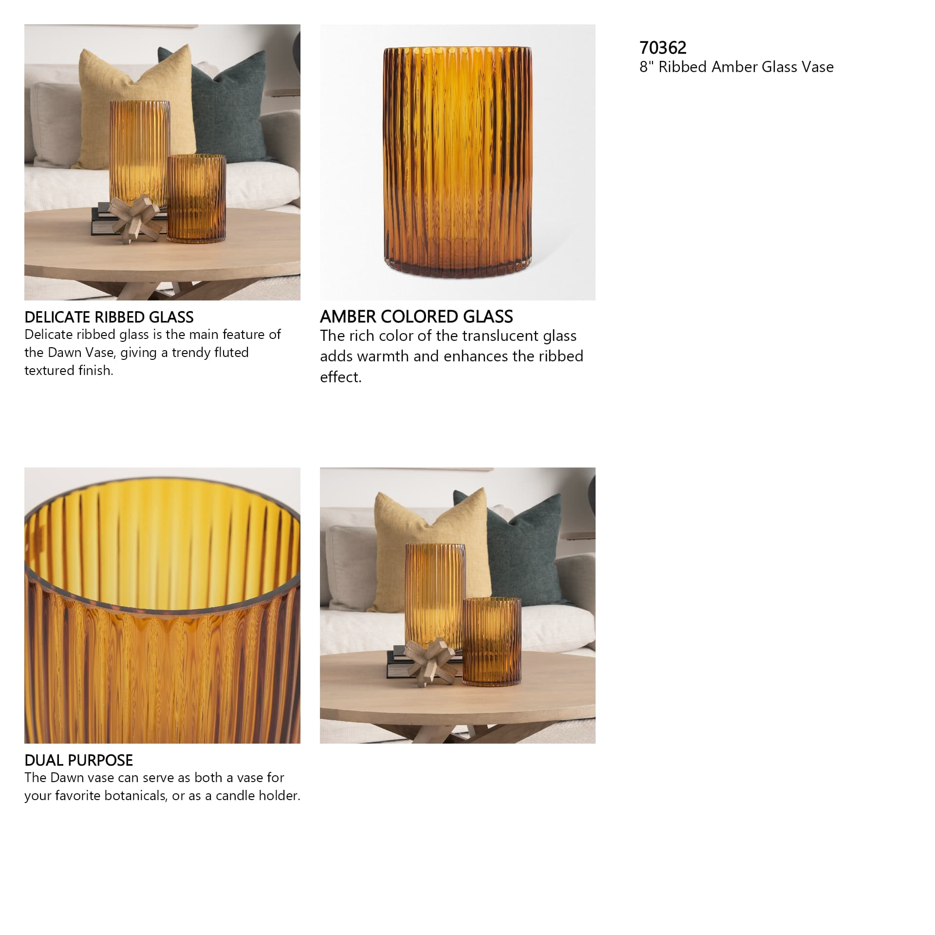 Dawn 8" Ribbed Amber Glass Vase — in a styled room