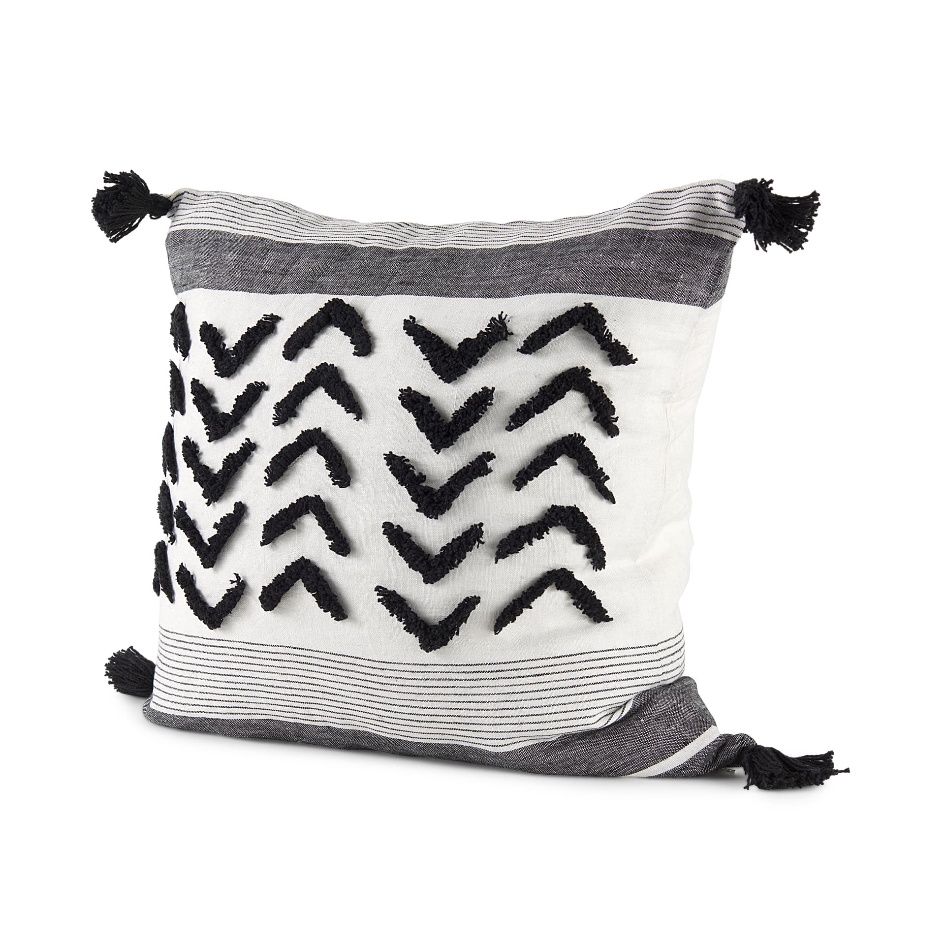 Kimia 20x20 White/Black Fabric Herringbone w/Fringed Pillow Cover — product photograph