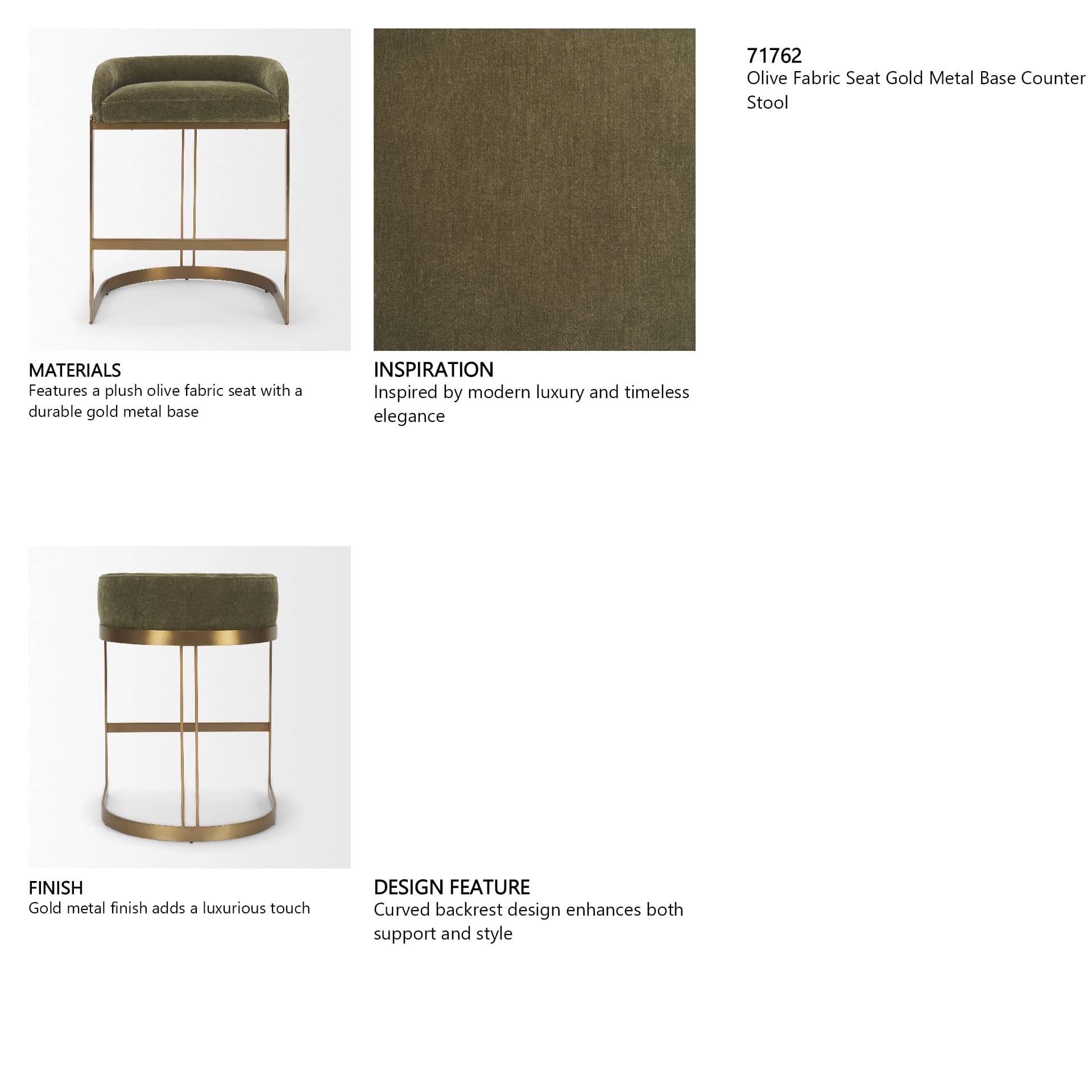 Hollyfield Backless 28.7in Seat Bar Stool | Olive Fabric w/ Gold Metal — product photograph