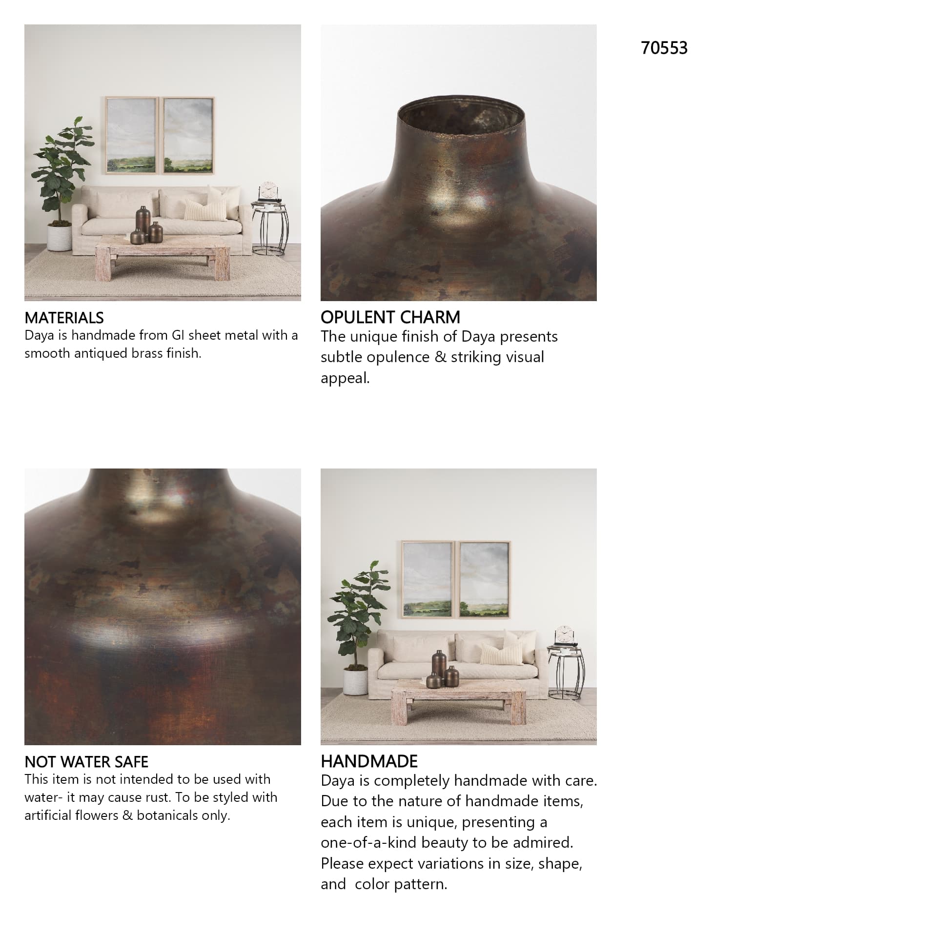 Daya Medium Antiqued Gold Metal Vase — in a styled room