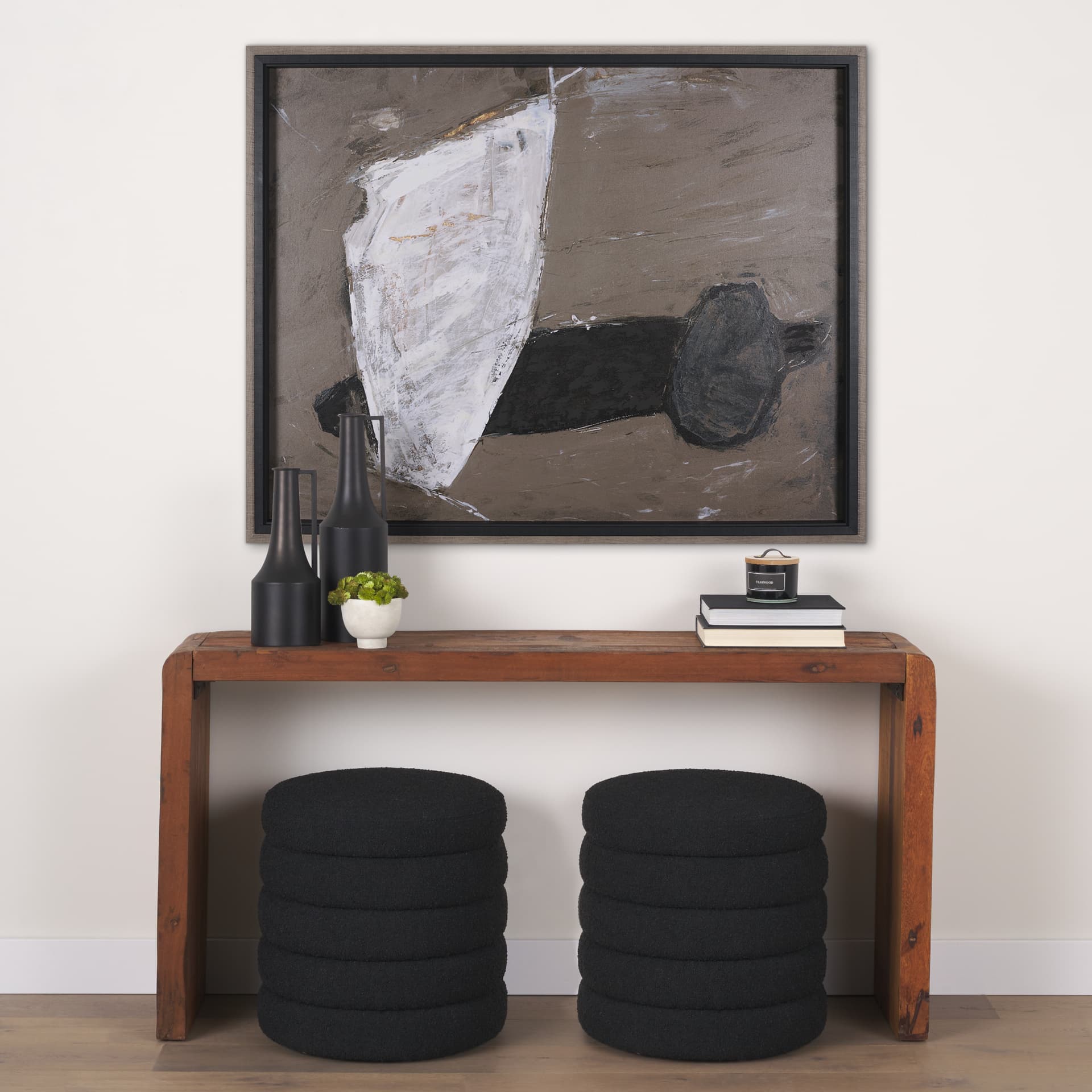 Shaped & Balance I by Mercana Studio a Hand Embellished Textured Framed Art Print — in a styled room