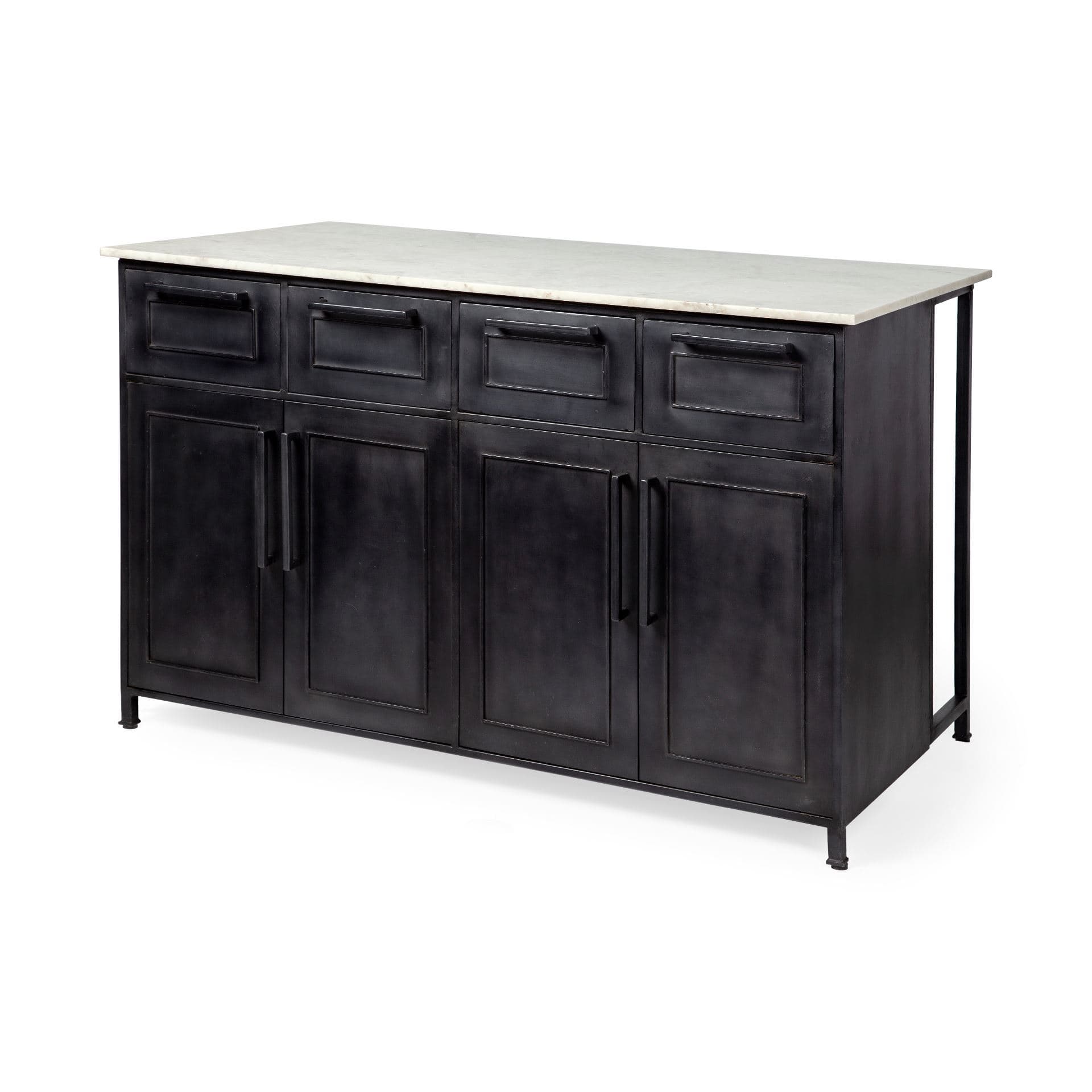 Fieri Solid Iron Black Body White Marble Top Four Drawer Kitchen Island — product photograph