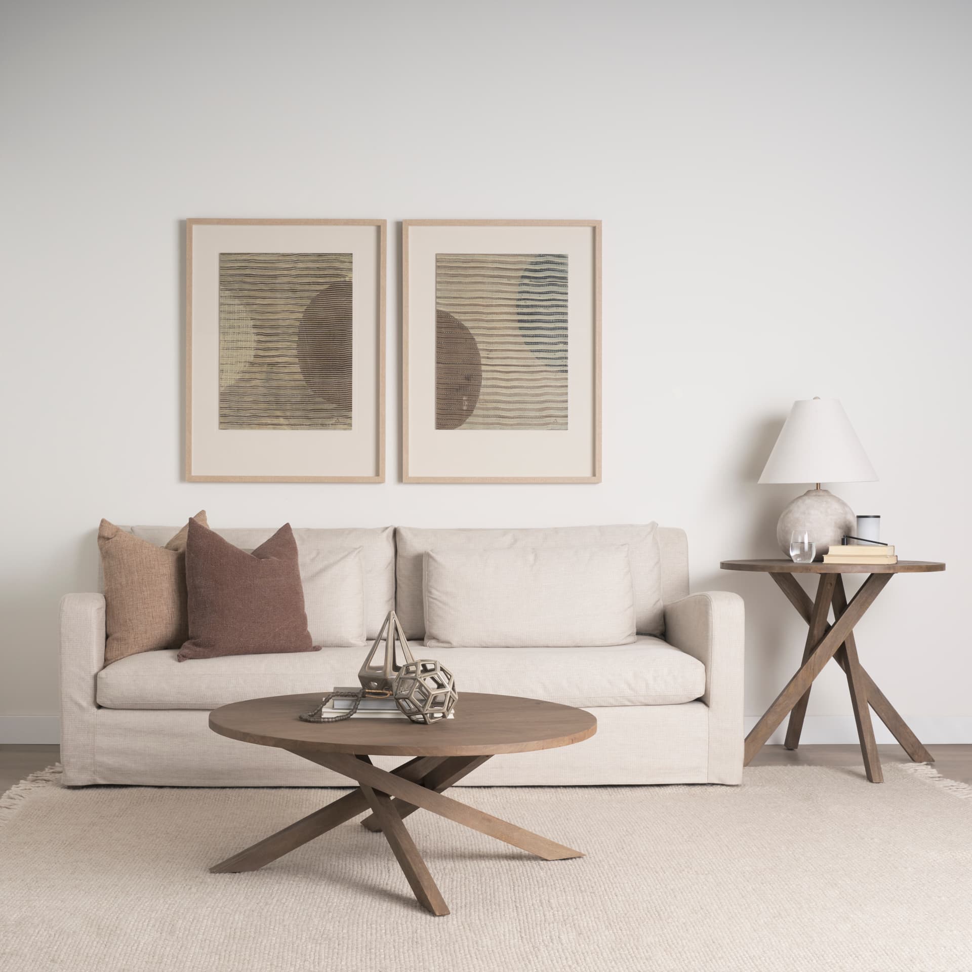 Geom 7.1L x 7.1W x 7.1H Tan Ceramic Geometric Object — in a styled room