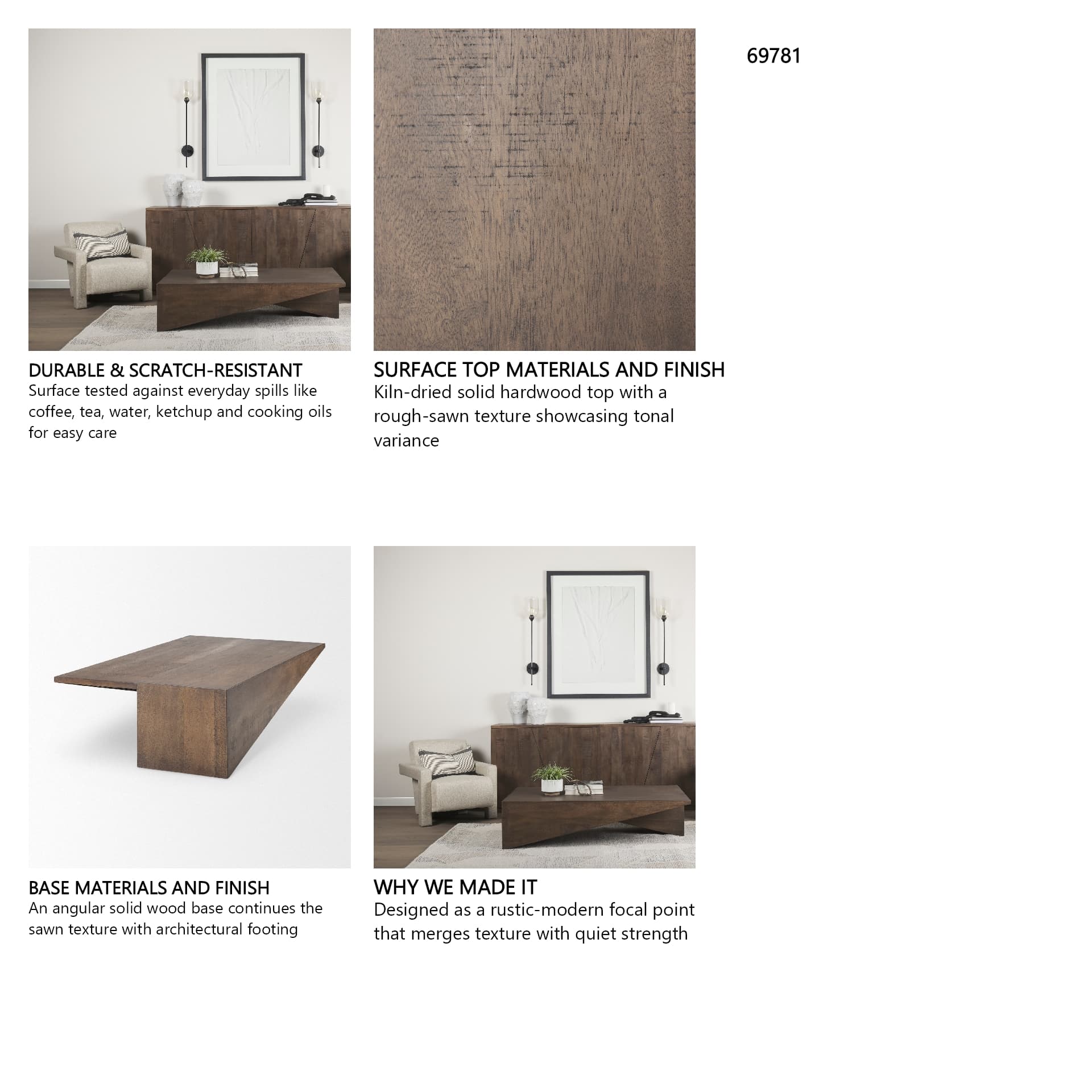 West 55L x 32W x 14H Medium Brown Wooden Angled Coffee Table — in a styled room