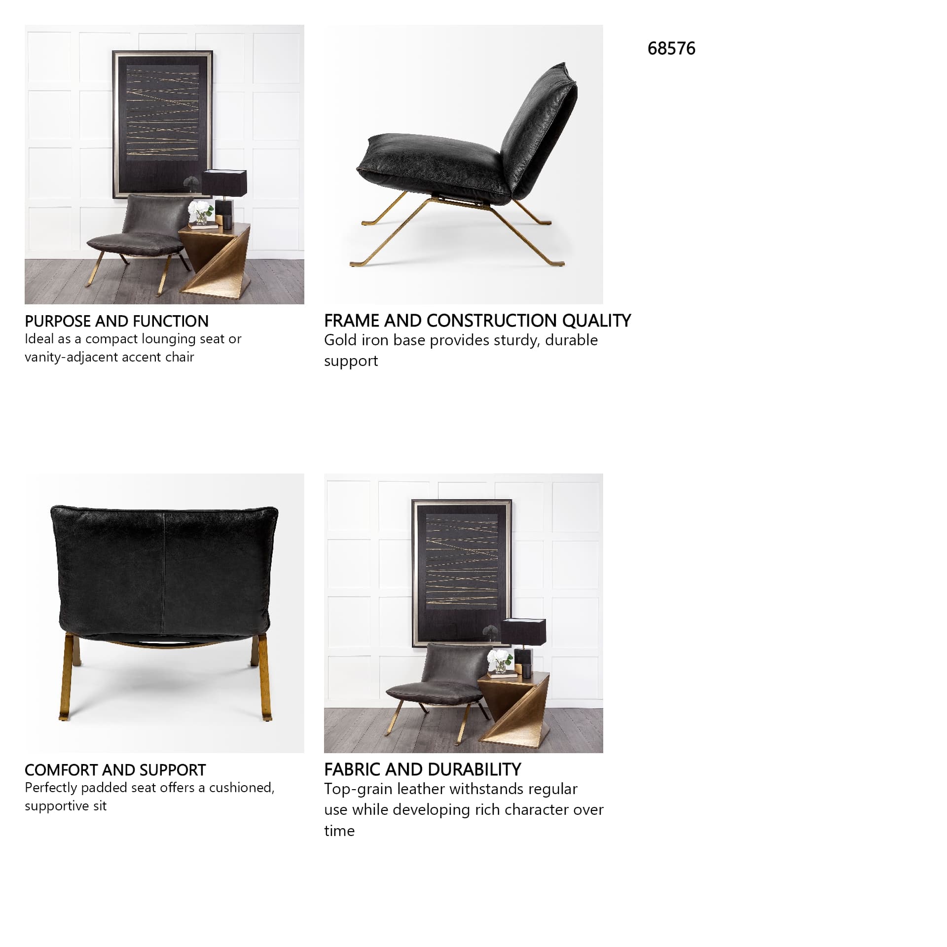 Flavelle II Black Leather Cushion Seat and Solid Iron Base Accent Chair — in a styled room
