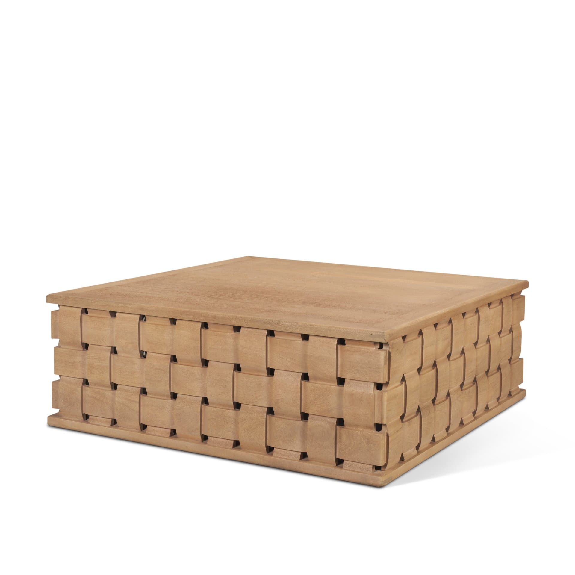 Trellyn 48" Light Brown Wood w/ Carved Woven Base Square Coffee Table — product photograph