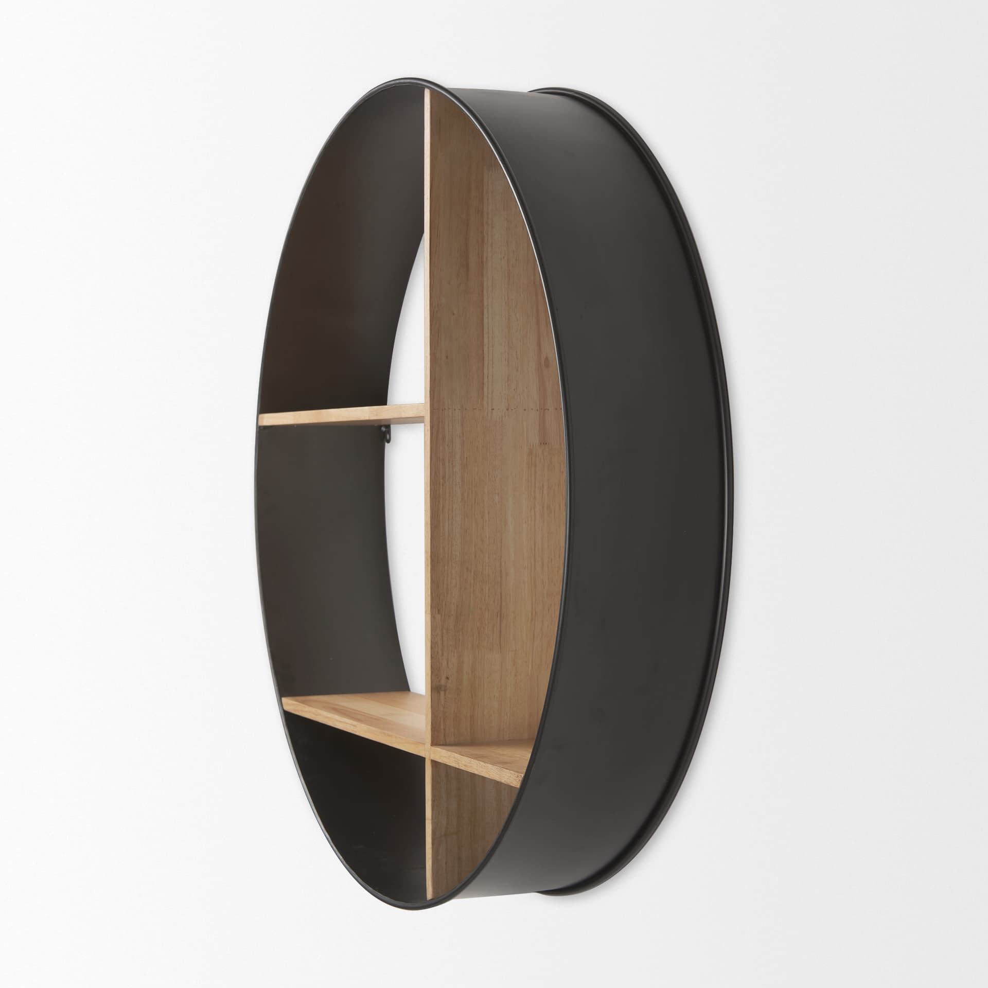 Hector 36.0L x 7.0W x 36.0H Brown Wood W/ Black Metal Round Wall Shelf — product photograph