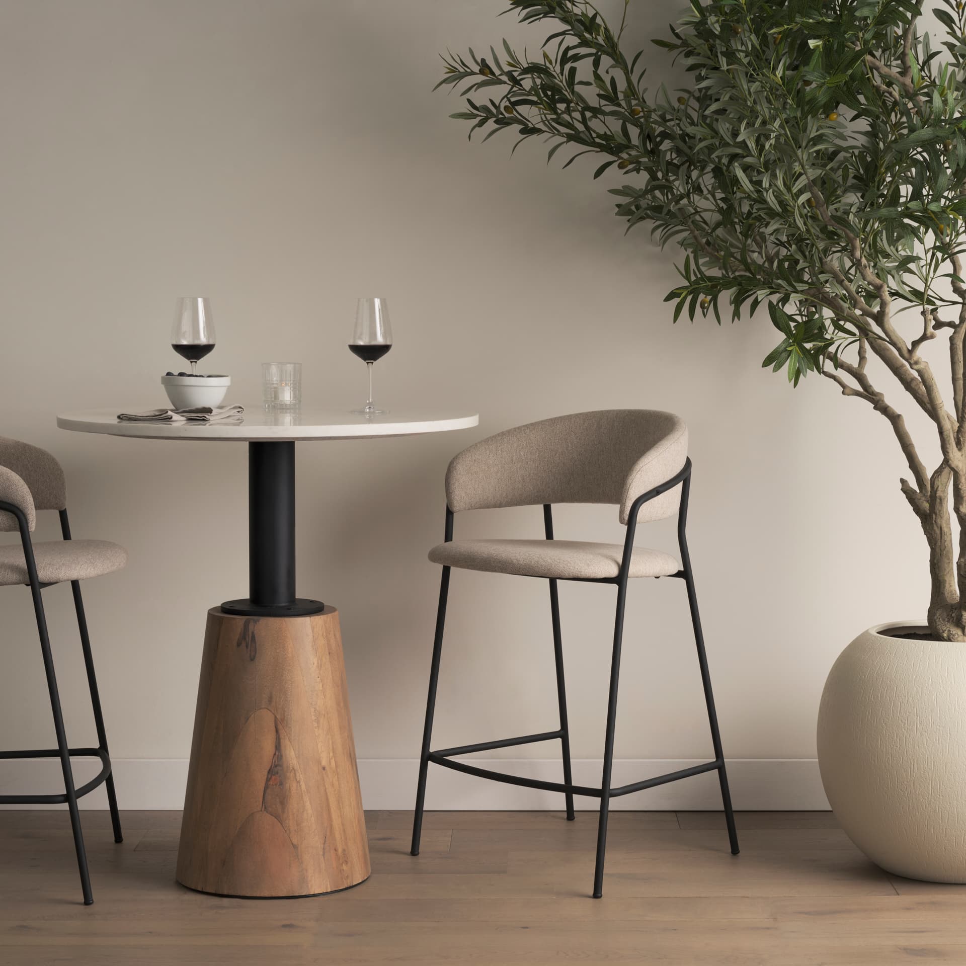 Carolyn Open Back 25.9in Seat Counter Stool | Oatmeal — in a styled room