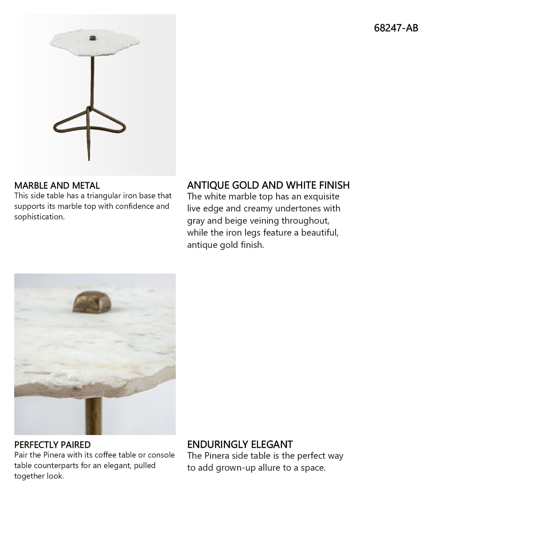 Pinera II 19L x 19W White Marble W/ Triangluar Gold Iron Base Accent Table — in a styled room