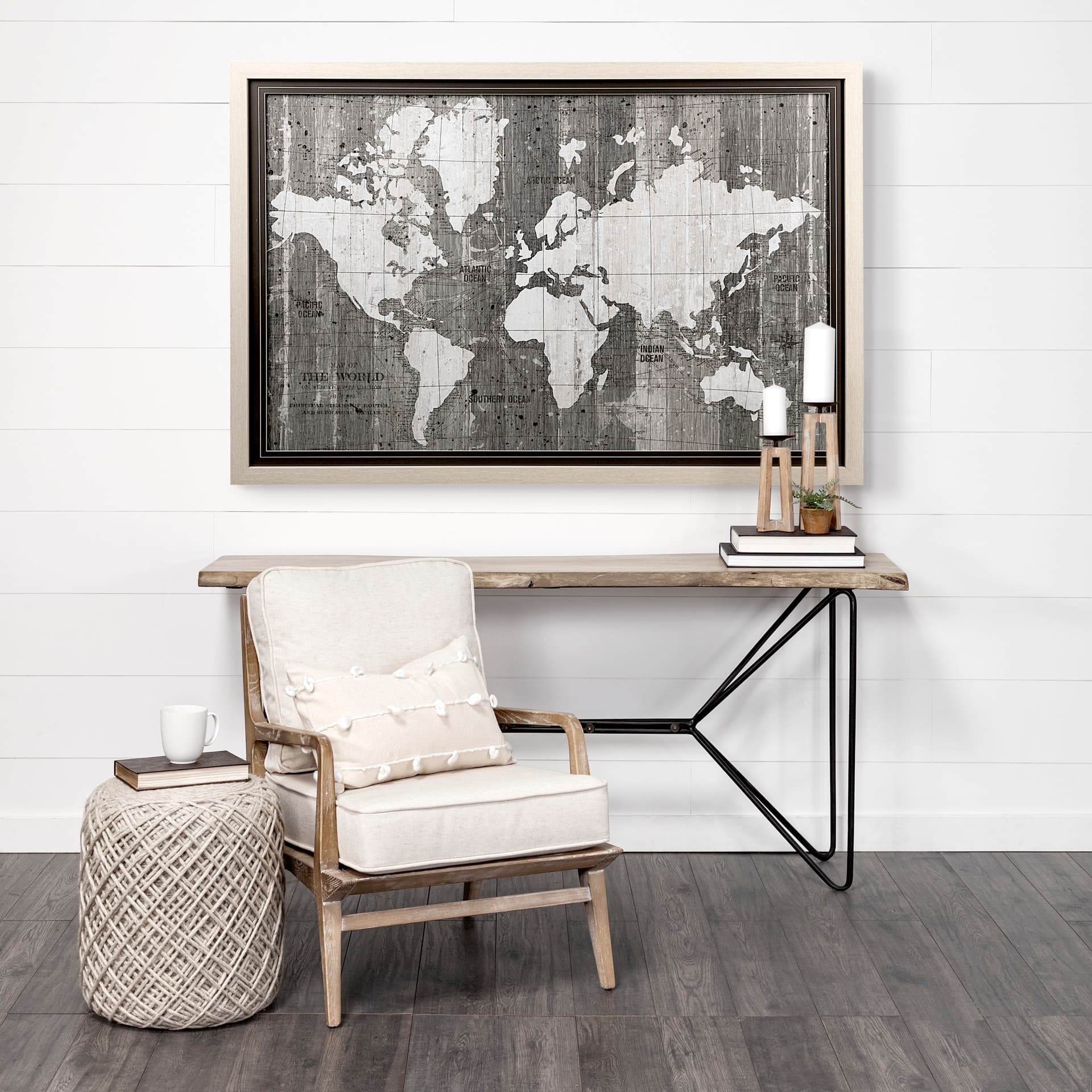 Old World Map Neutral by Mercana Studio Hand Embellished Textured Framed Art Print Matted under Glas — in a styled room