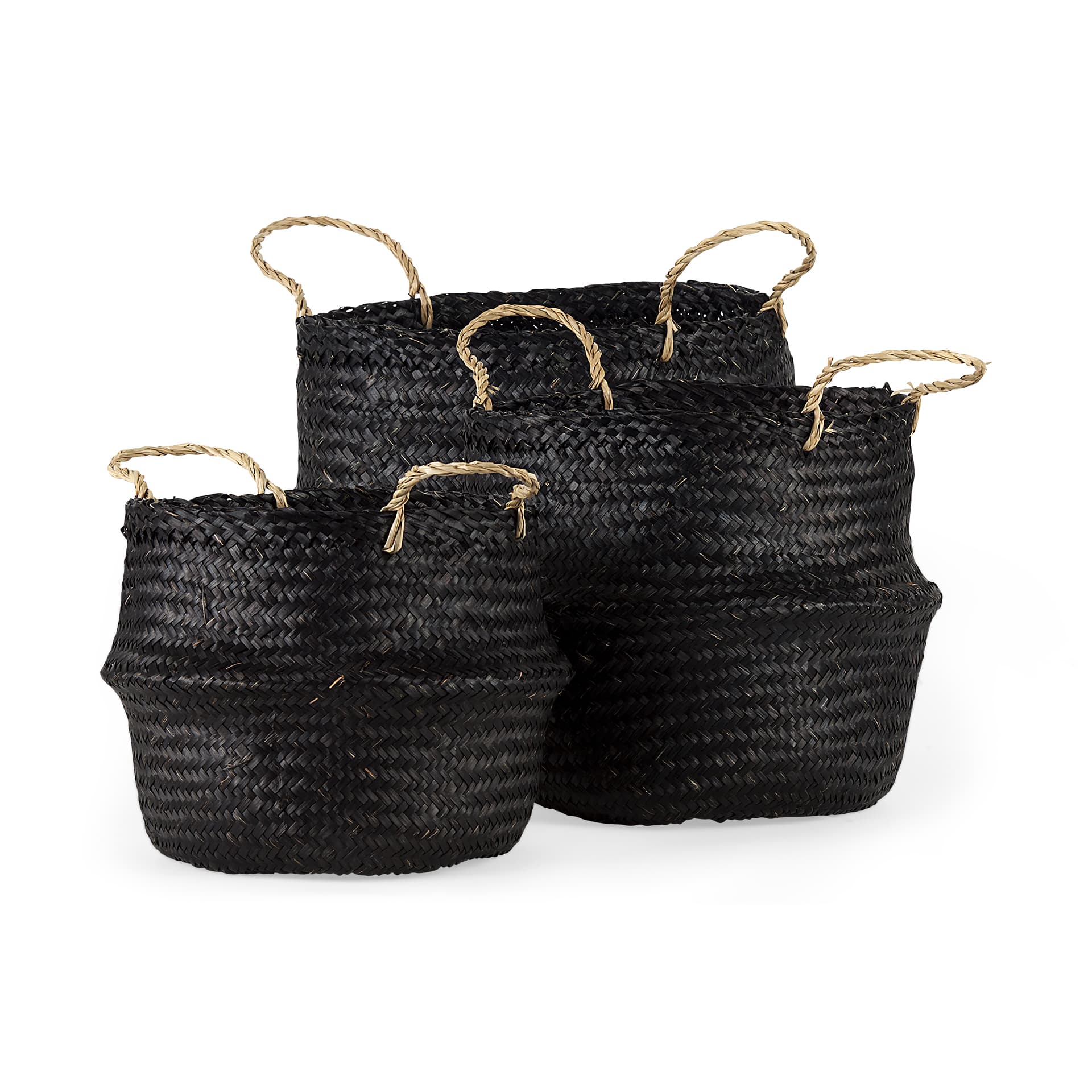 Ella (Set of 3) Black Seagrass Basket W/ Light Brown Handles — product photograph