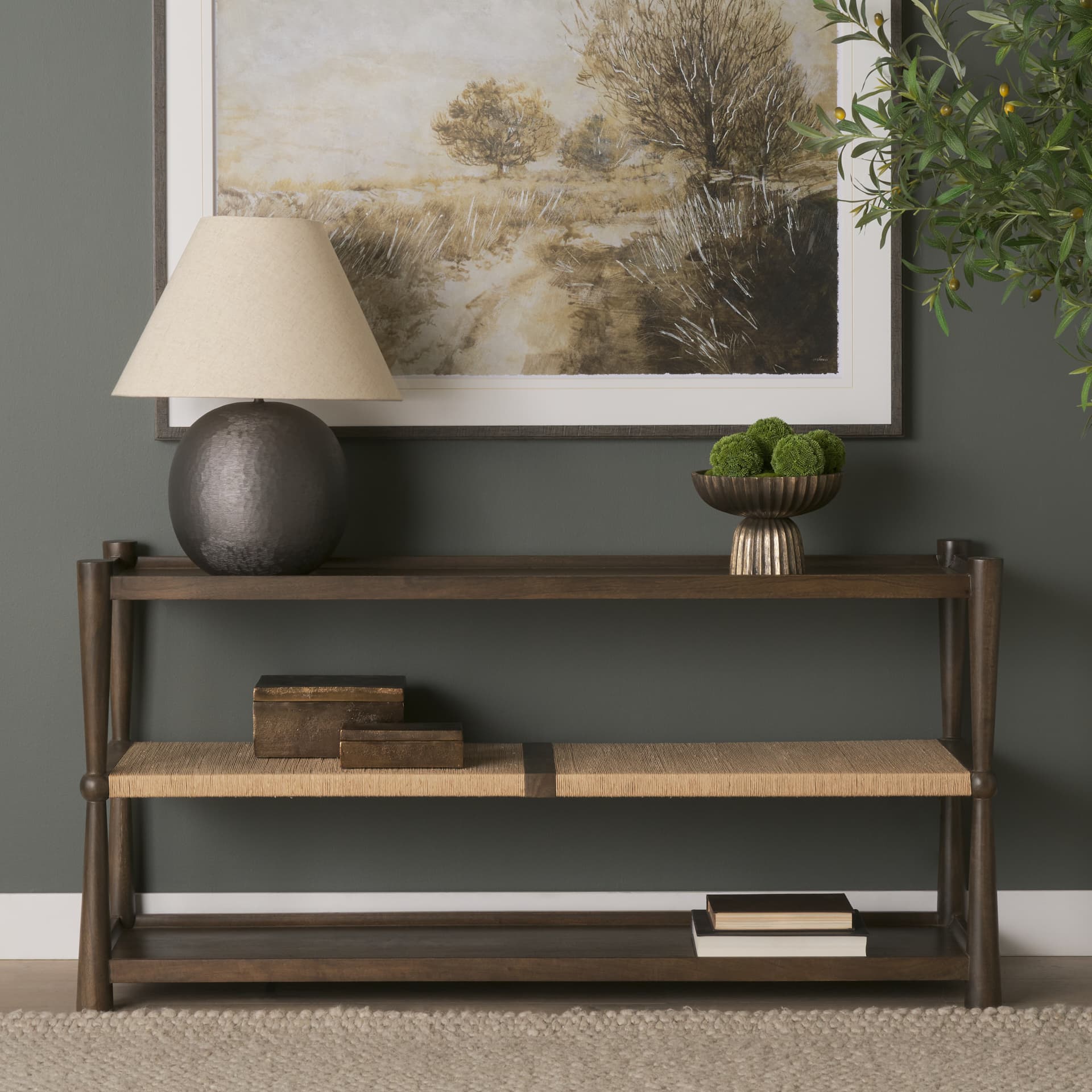 Bondi Dark Brown Wood w/ Paper Rope Shelf Console Table — product photograph