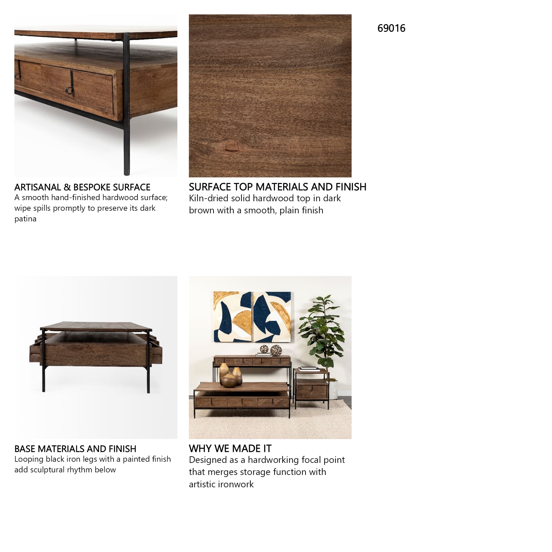 Glenn II 54x30 Dark Brown Wood w/ Black Iron Frame, Rectangle 3 Drawers Coffee Table — in a styled room