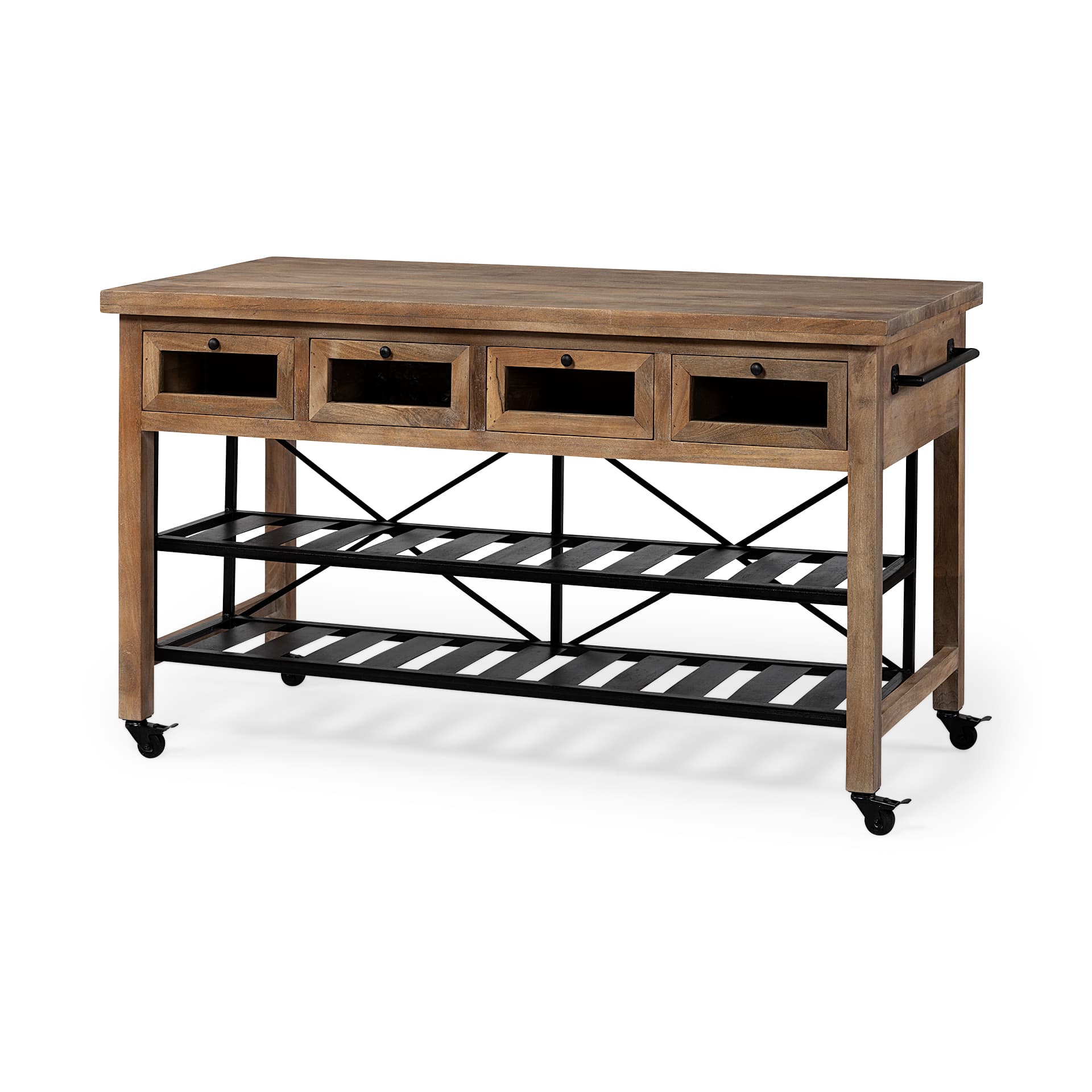 Stuart I Brown Solid Wood Top Two-Tier Black Metal Rolling Kitchen Island — product photograph