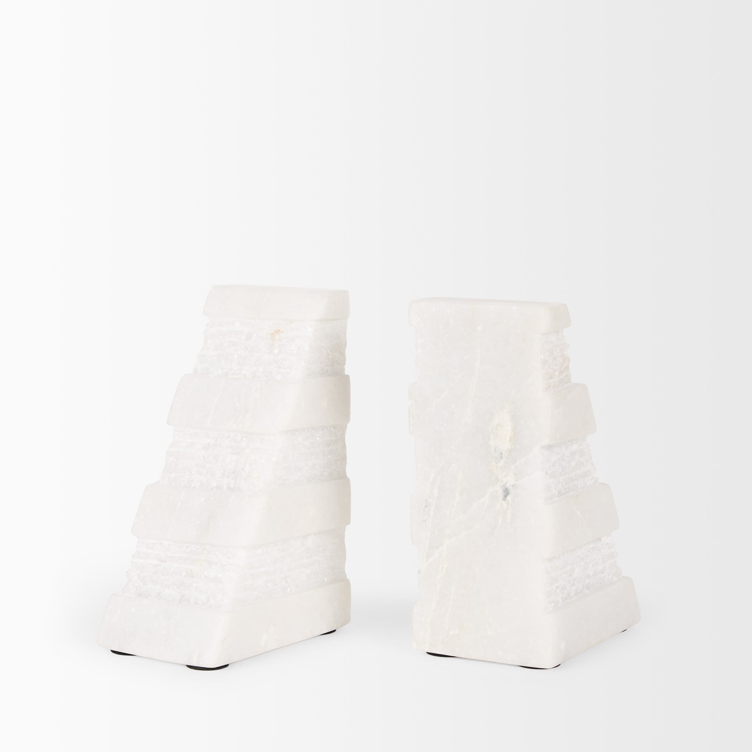 Cavetto White Marble Bookends w/rough carving S/2 — product photograph