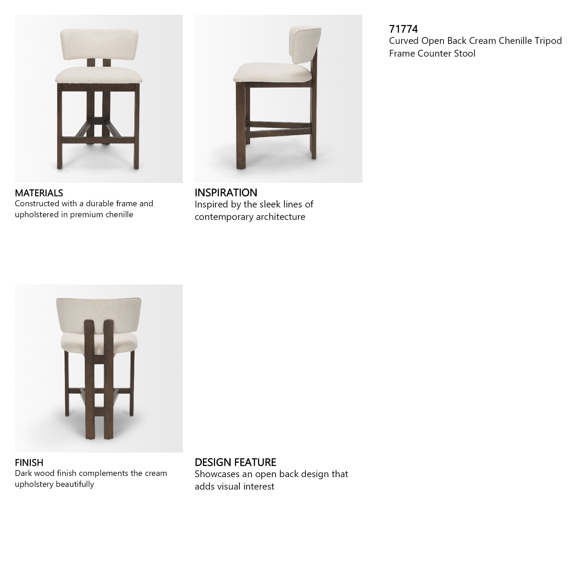 Soho Open Back 35.3in Seat Counter Stool | Cream Fabric w/ Brown Wood — product photograph