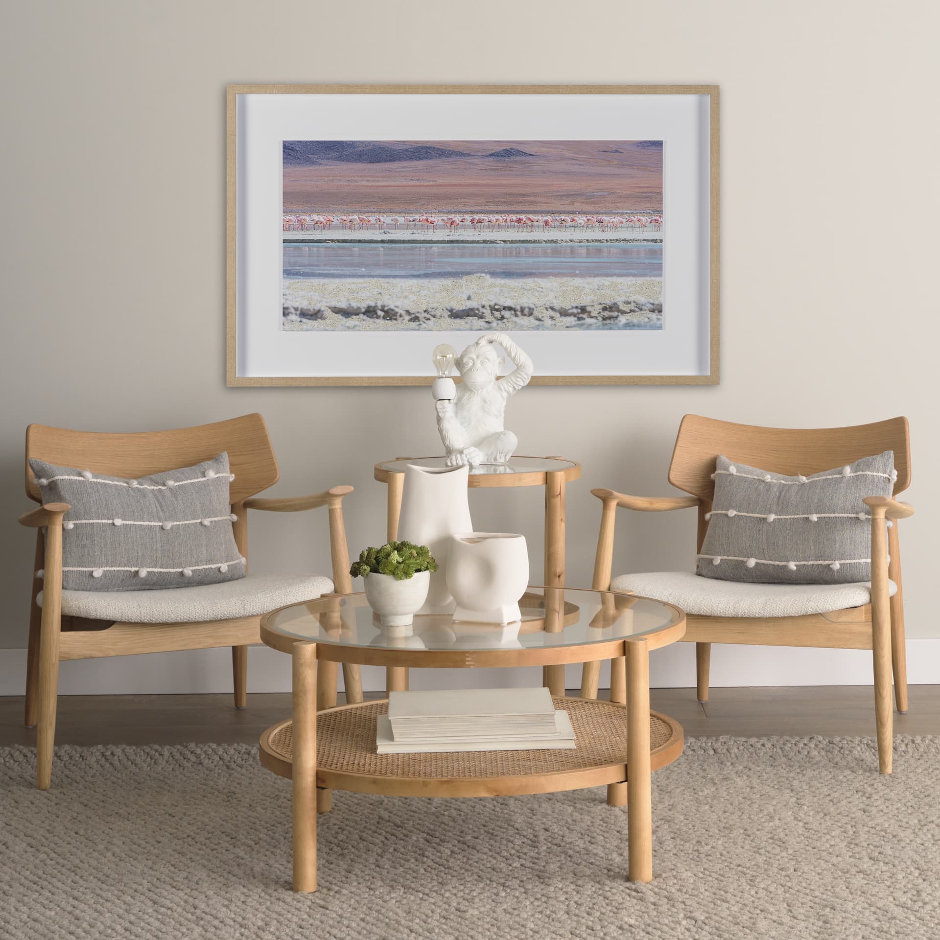 Pink Flamingoes by Richard Silver Hand Embelished Framed Artwork Matted under Glass — in a styled room