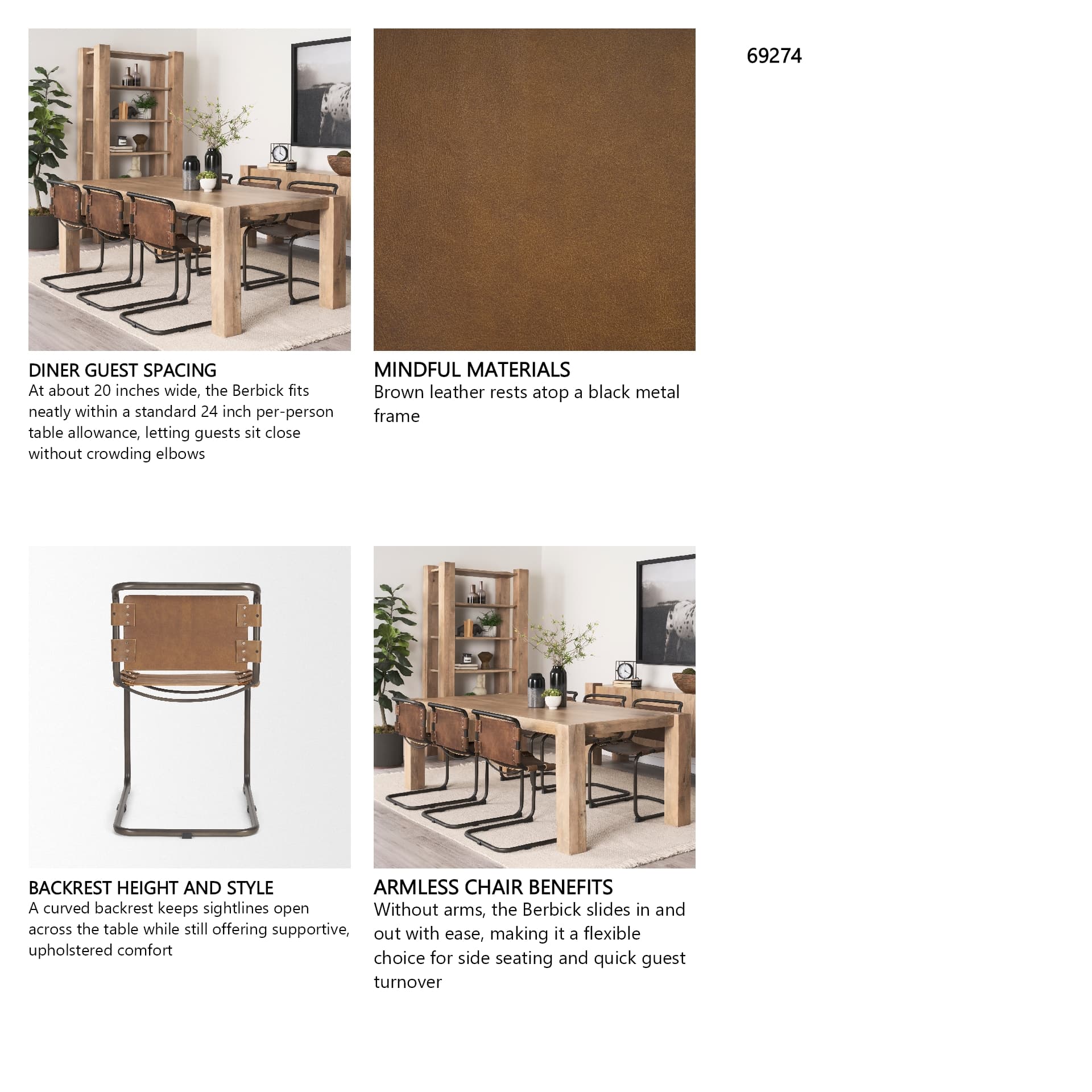 Berbick Open Back Dining Side Chair | Medium Brown Leather w/ Iron — in a styled room
