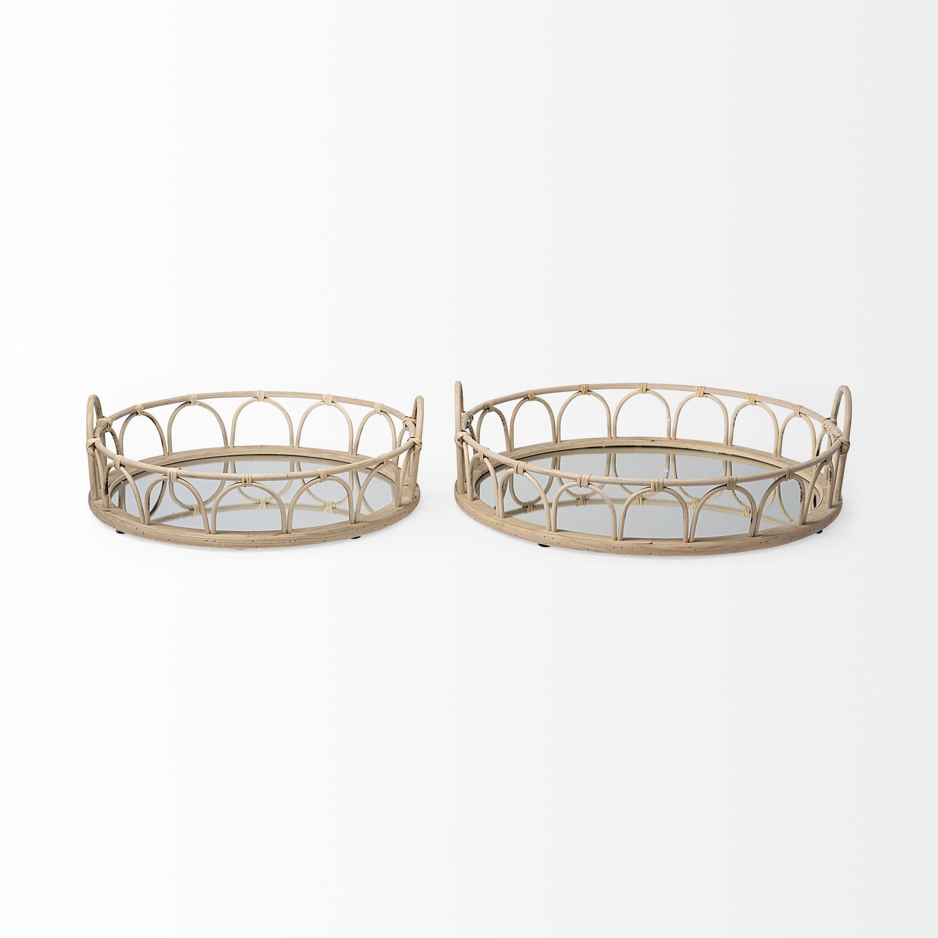 Leona (Set of 2) Natural Wicker Woven Mirrored Base Nesting Trays — product photograph