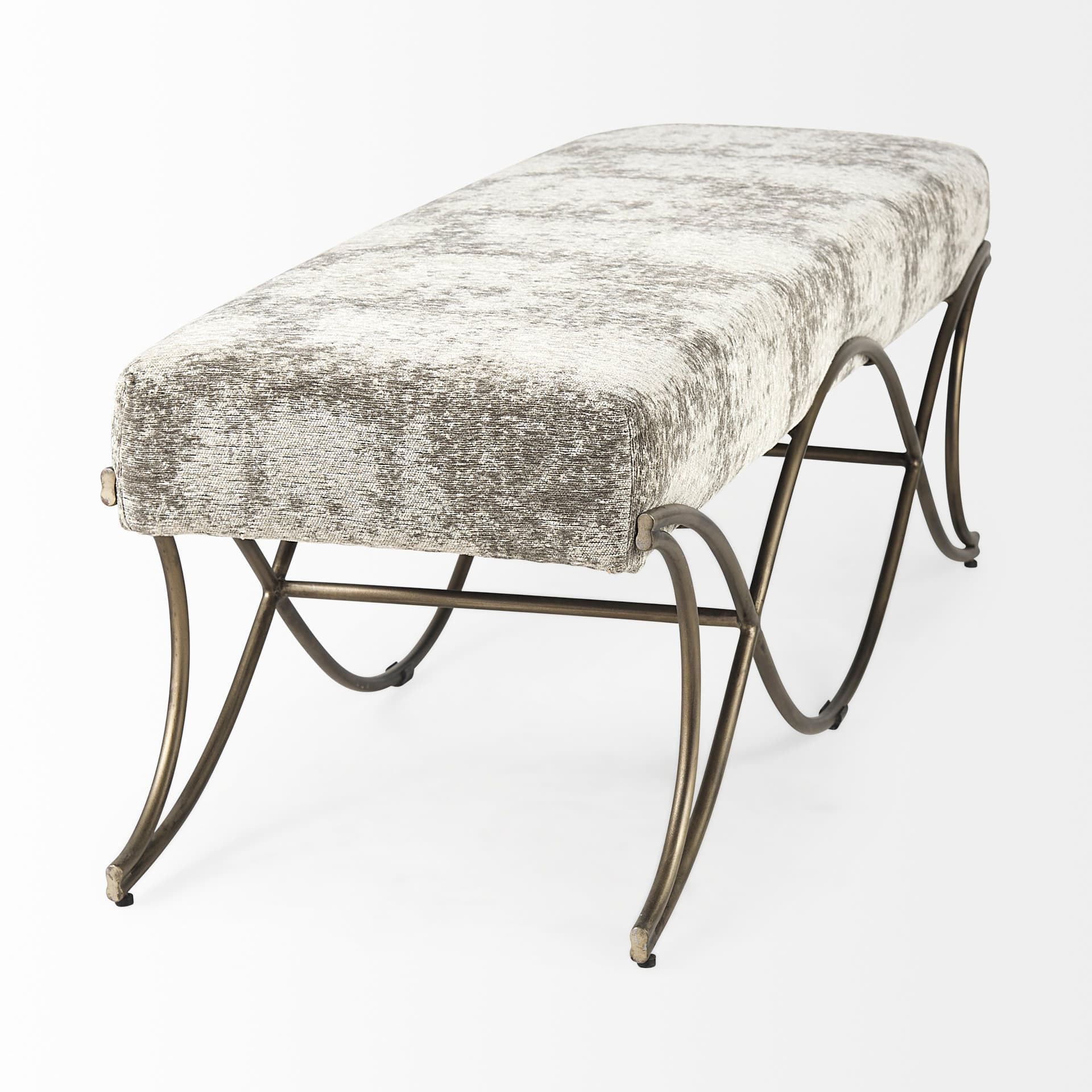 Ayla 55L x 17.6W x 18H Light and Dark Gray Fabric Seat W/ Antique Gold Metal Frame Bench — product photograph