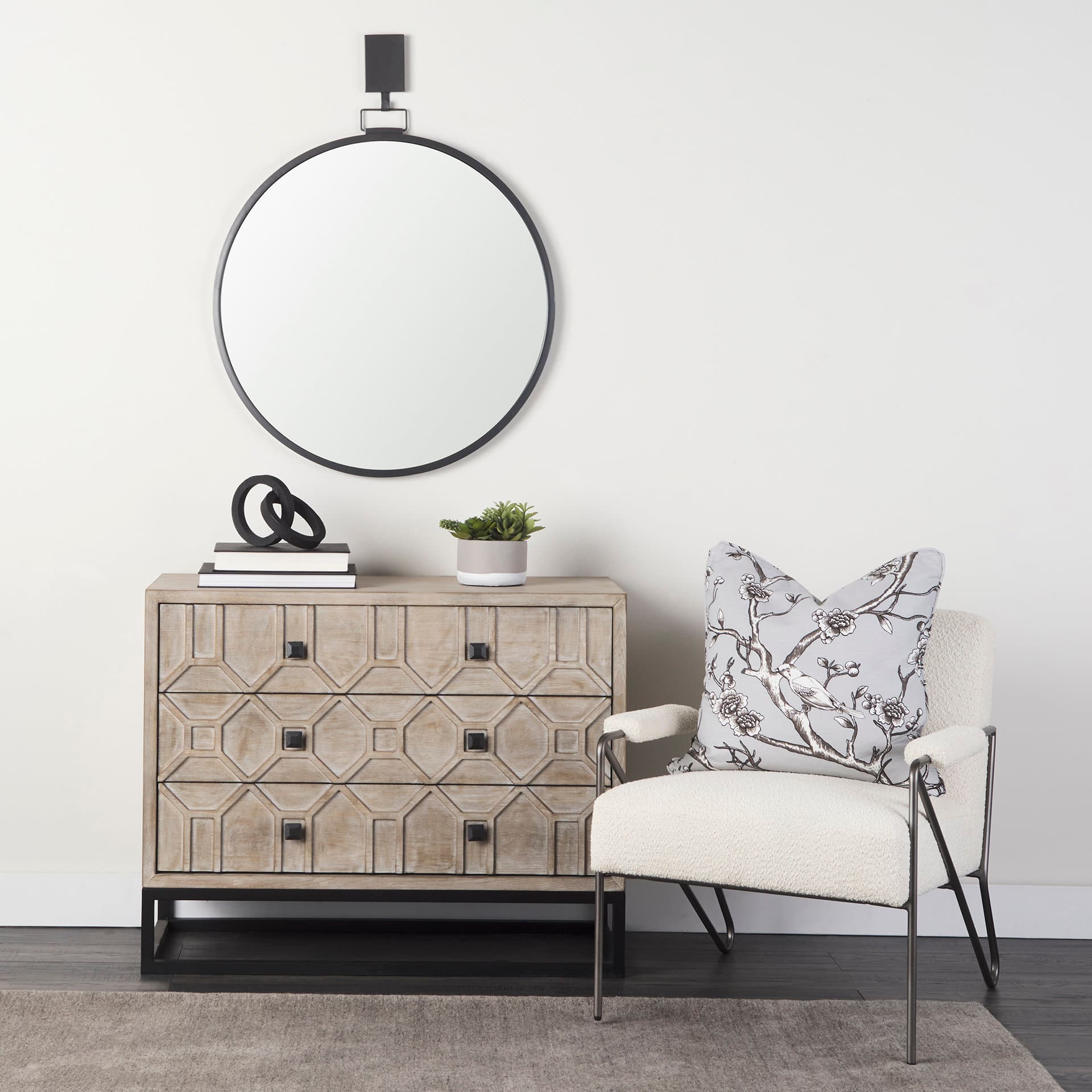 Genevieve I 39L x 16W Light Brown Fir Veneer 3 Drawer Accent Cabinet — in a styled room