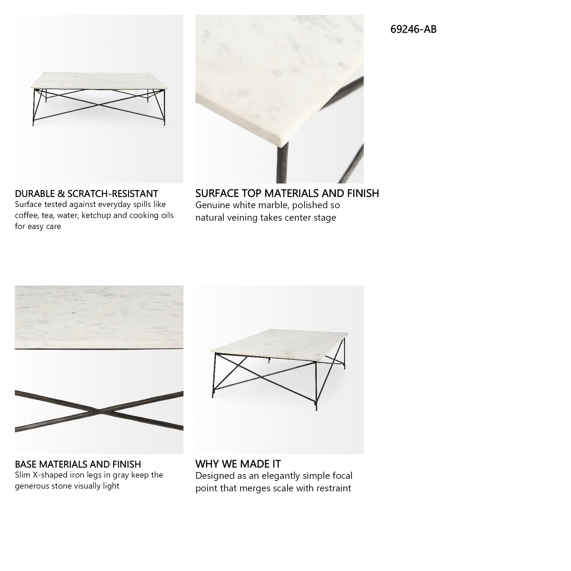 Lorlei I 53.0 X 35.0 X 15.5 White Marble Top W/ X-Shaped Gray Iron Base Coffee Table — product photograph