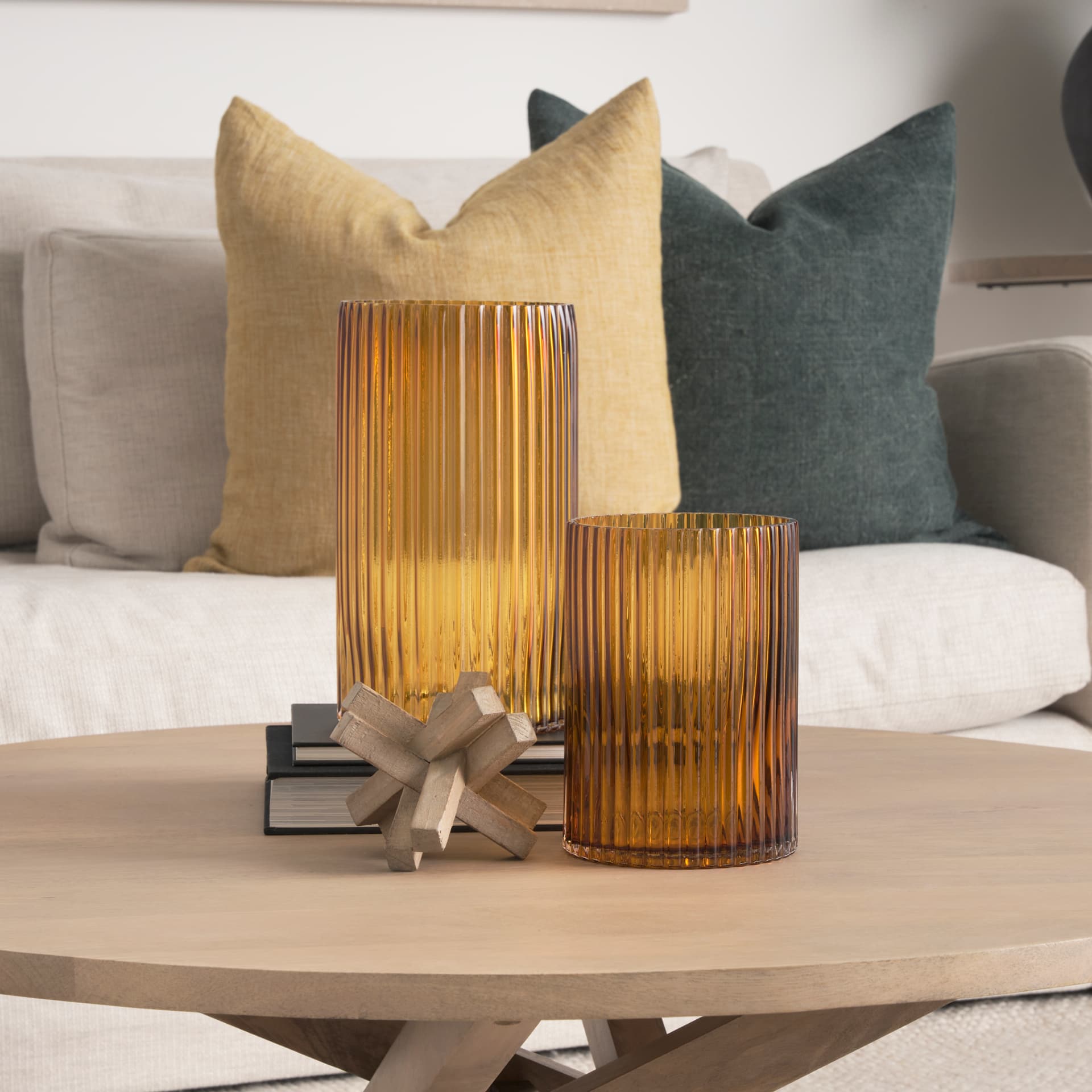 Dawn 11.4" Ribbed Amber Glass Vase — in a styled room