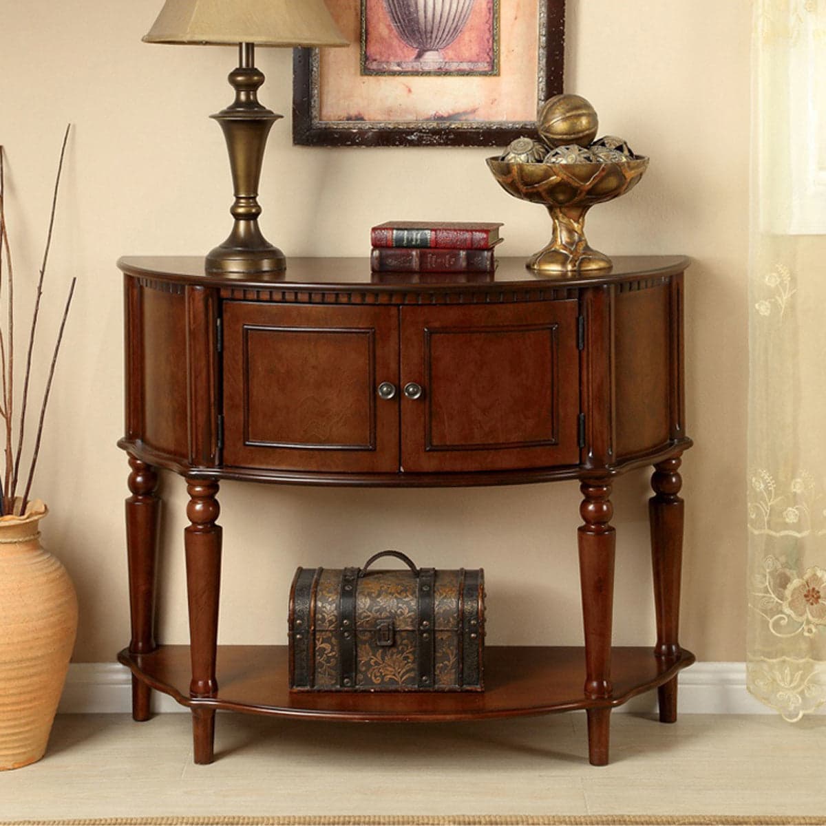 Entryway Console Table with 2 Doors Cabinet Storage Cherry Finish — product photograph