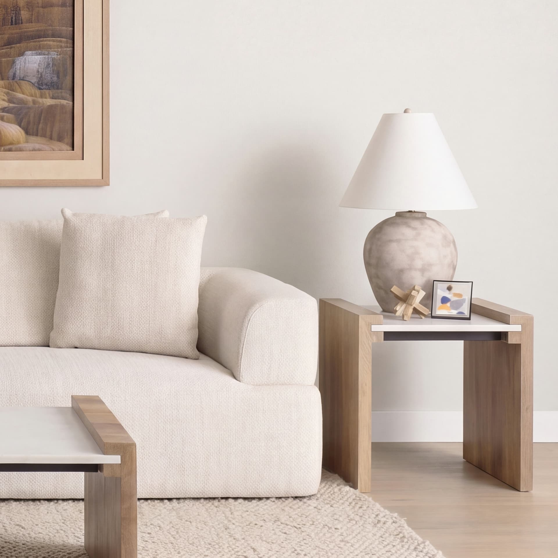 Athens Light Brown Wood w/ White Marble Accent Table — product photograph