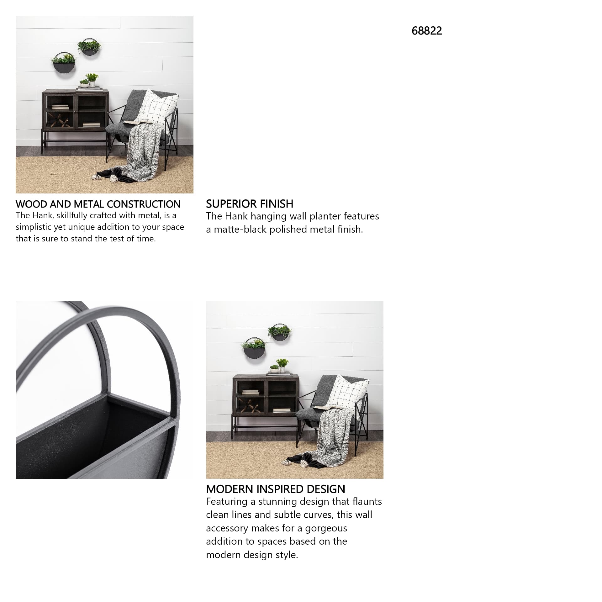 Hank Set of 2 Black Metal Hanging Wall Planters — in a styled room