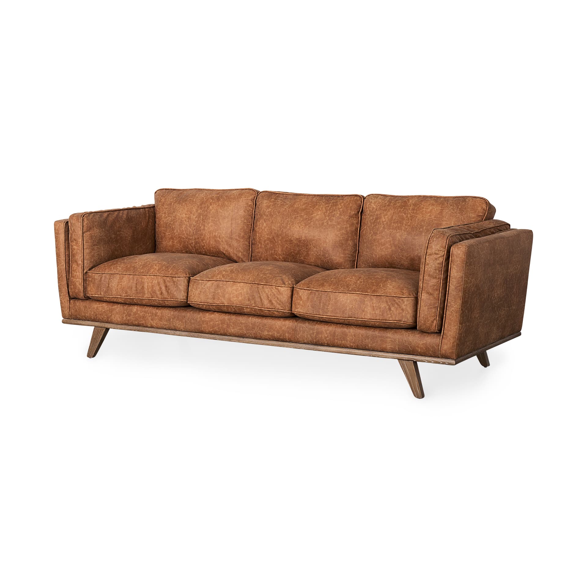 Brooks 90.2L x 34.8W x 33.5H Cognac Brown Faux Leather Three Seater Sofa W/ Medium Brown Wooden Legs — product photograph