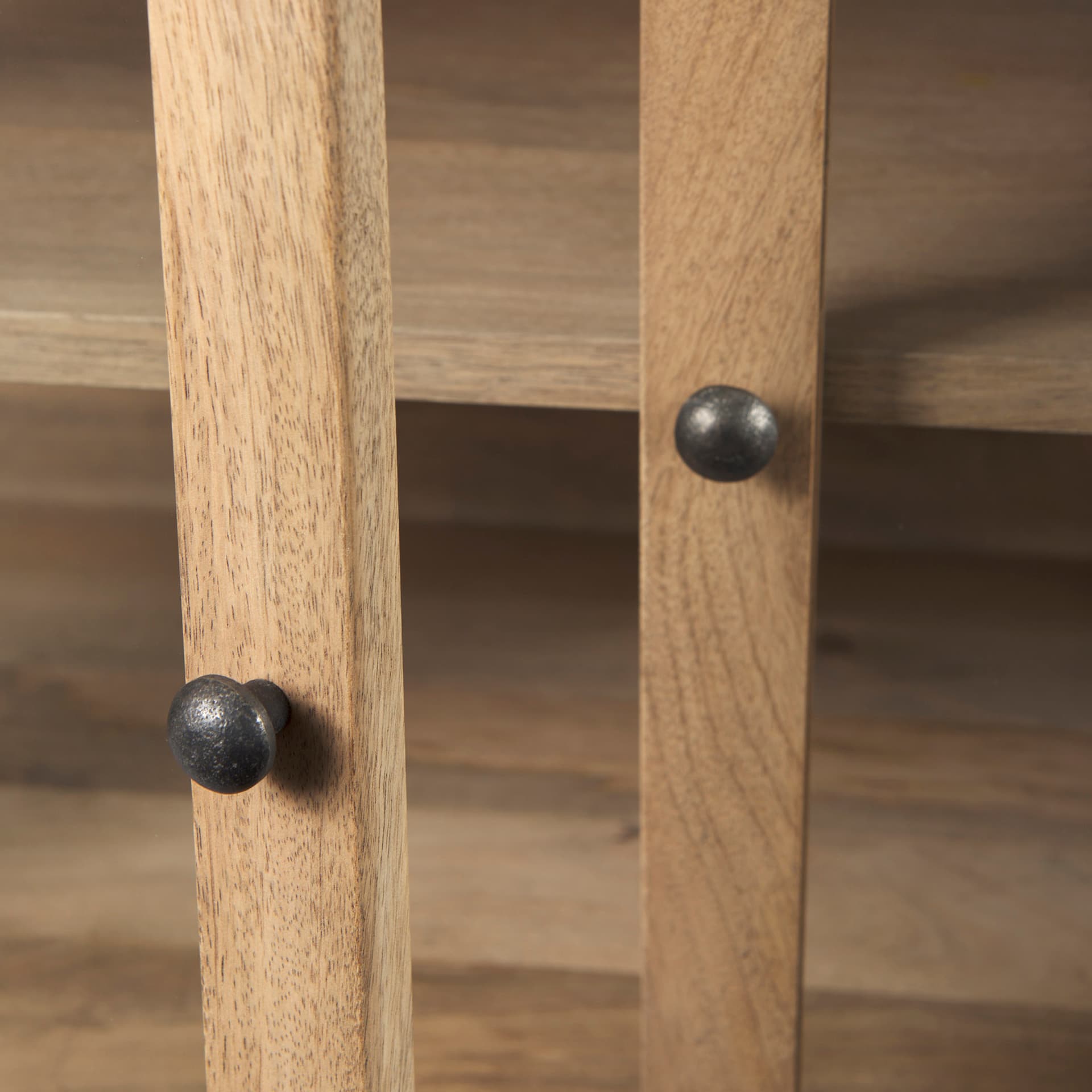 Arelius 70L x 18.75W x 32H Light Brown Wood, Black Metal Base w/ 4 Glass Cabinet Doors Sideboard — product photograph