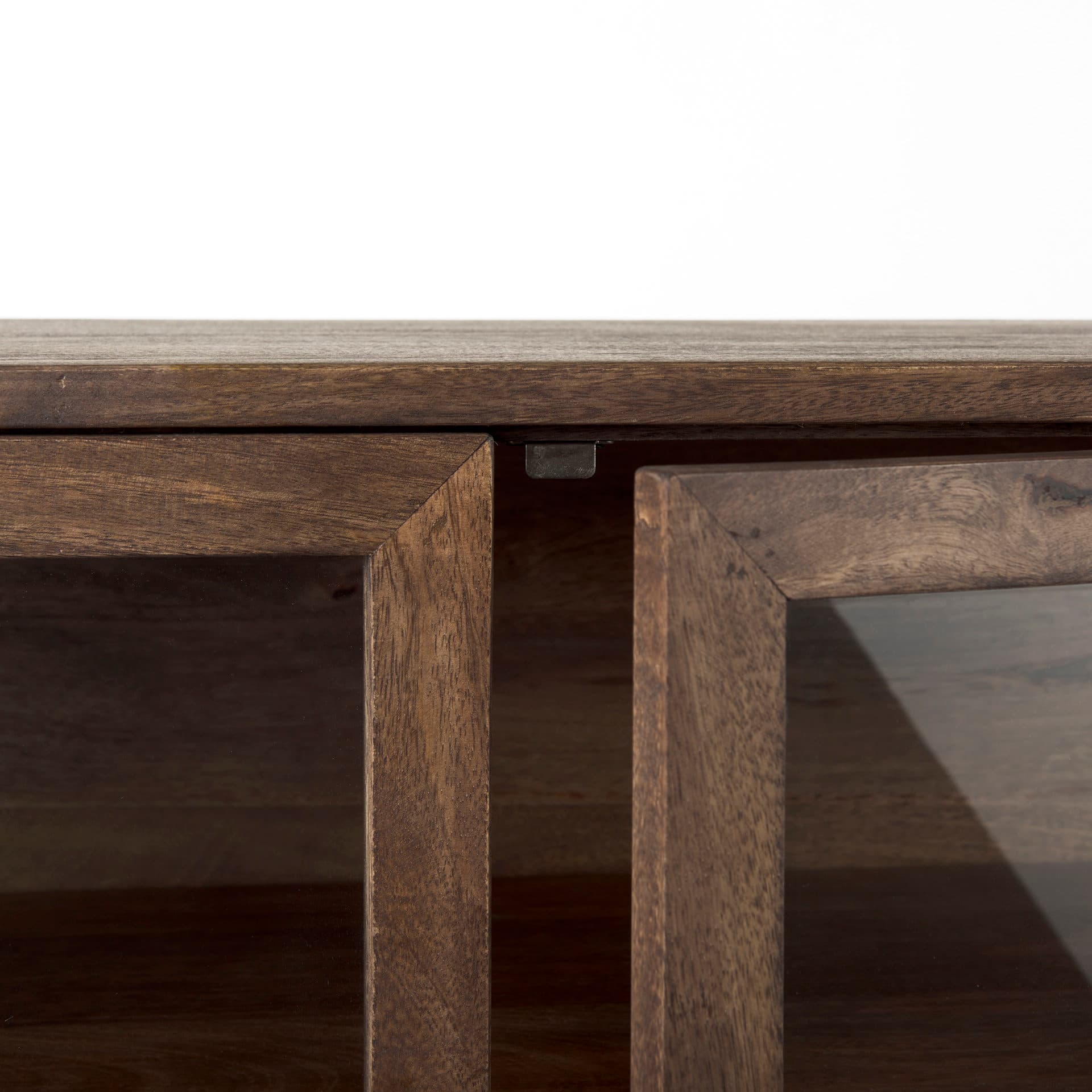 Arelius 36L x 18W x 32H Medium Brown Wood, Black Metal Base w/ 2 Glass Doors Accent Cabinet — product photograph