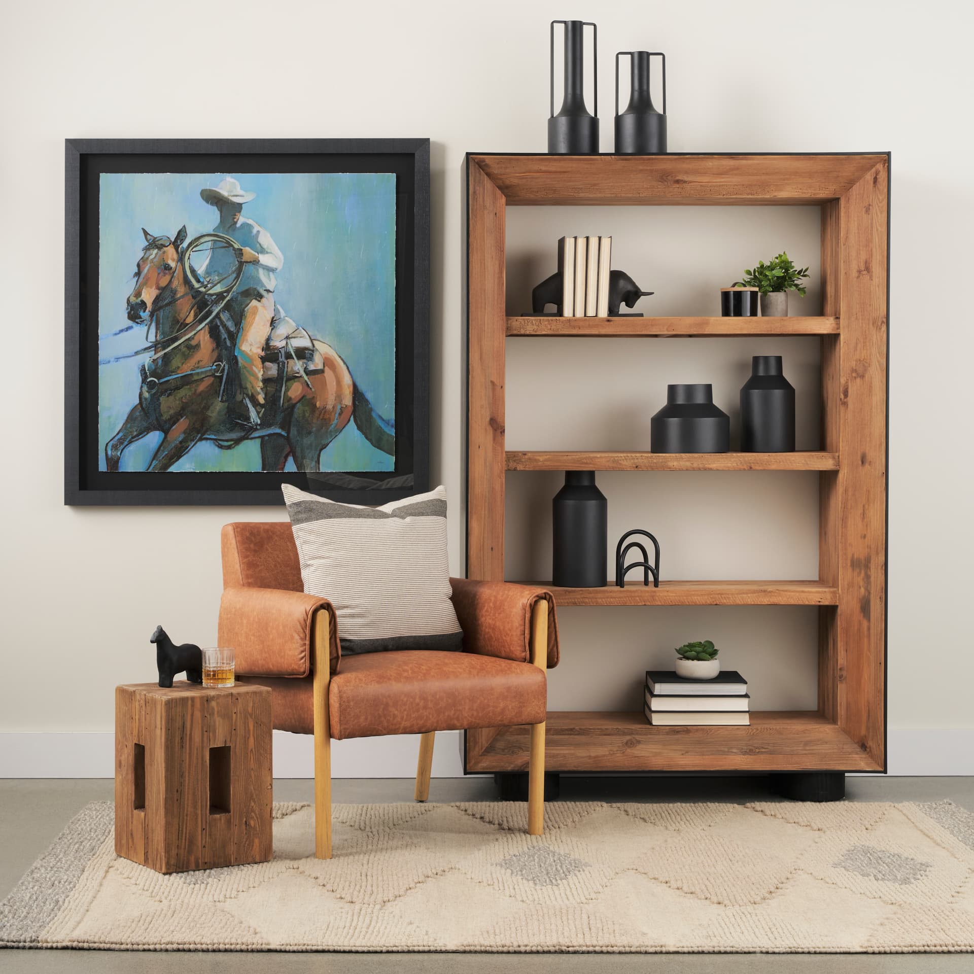 Tabor Natural Wood w/ Black Oak Frame Bookcase — in a styled room