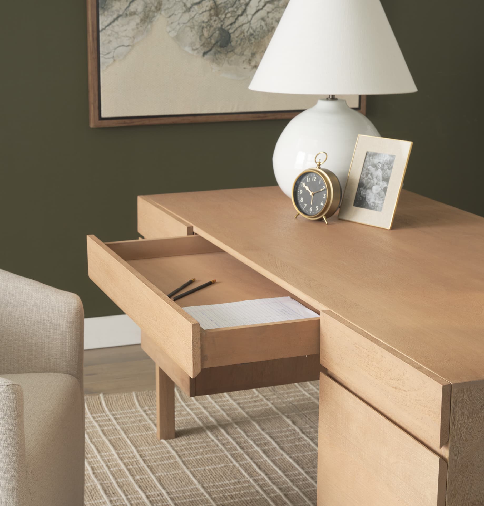 Trellyn Light Brown Solid Wood Carved Woven Desk — product photograph