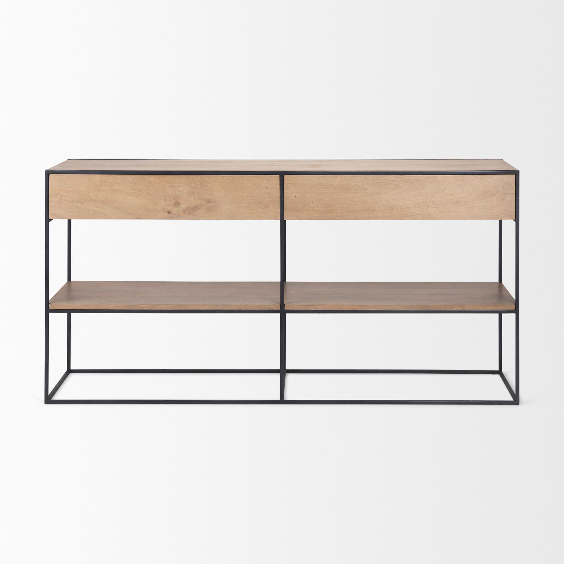 Morris 63.0L x 15.0W x 31.0H Beige Wood w/ Black Metal Frame 2 Drawer Console Table — product photograph