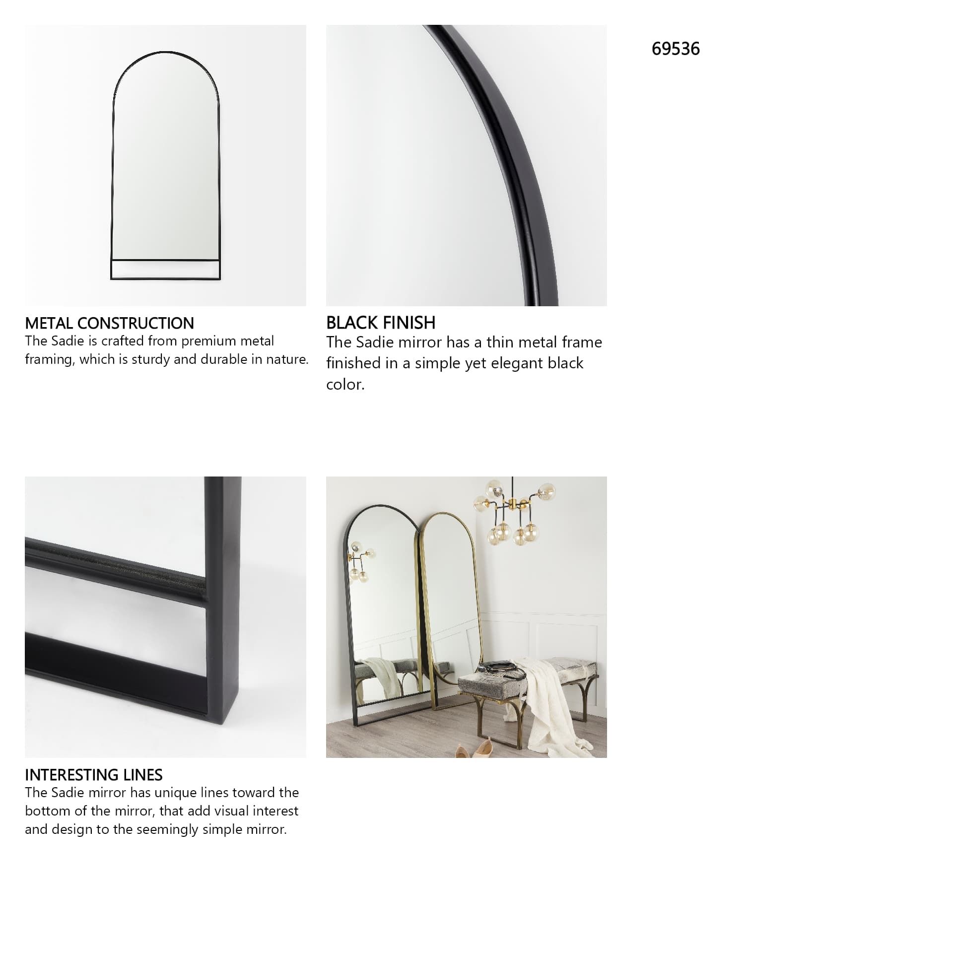 Sadie 36.0L x 2.0W x 76.0H Black Metal Rounded Arch Floor Mirror — product photograph