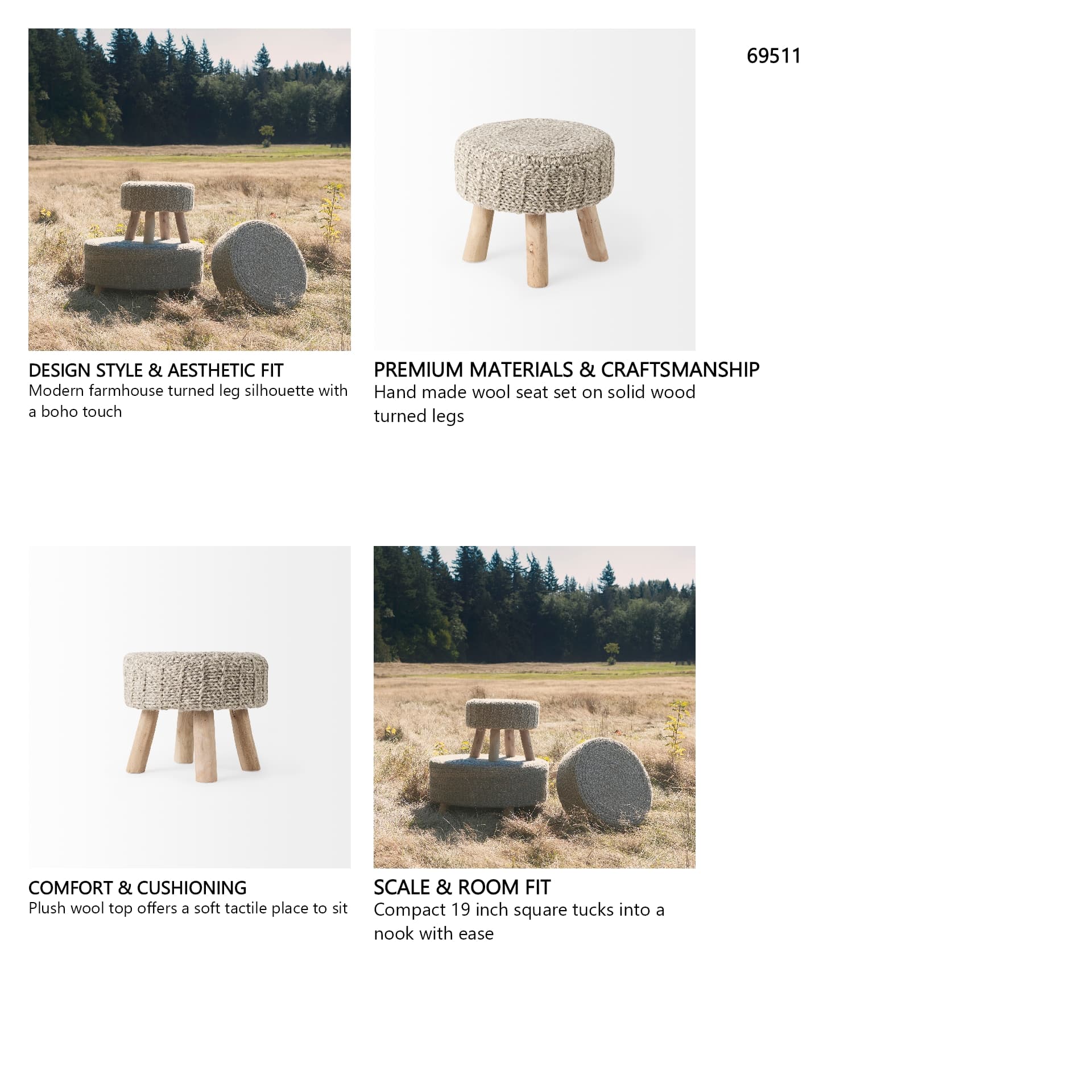 Bina 19.0L x 19.0W x 15.0H Taupe 4 Legged Wool Stool — in a styled room