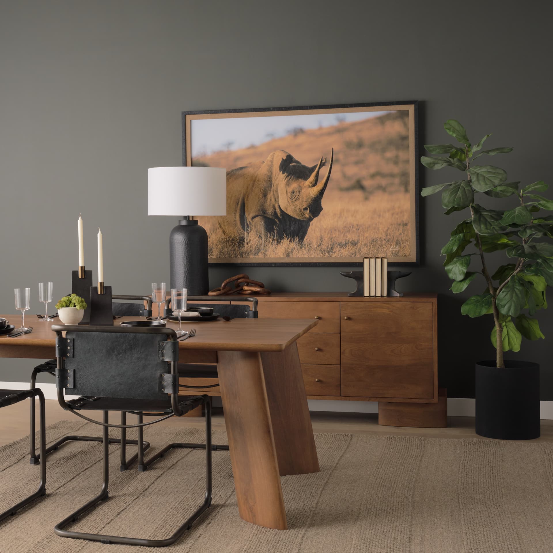 Kenyan Rhino by Max Blakesberg Studios a Hand Embellished Framed Photo Art Print Matted under Glass — in a styled room