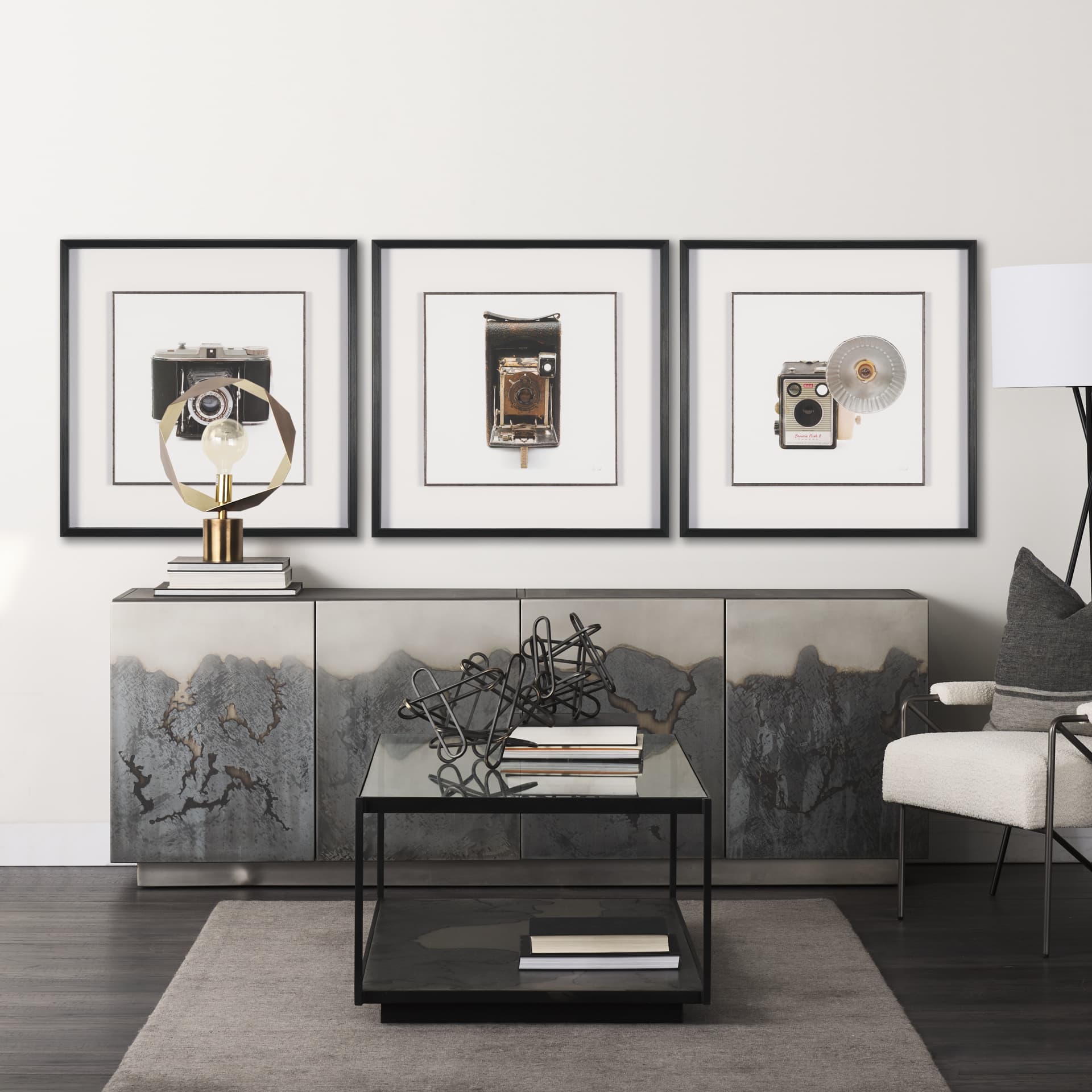 Vintage Camera by Deborah Revell Hand Embelished Framed Art Print Matted under Glass — in a styled room