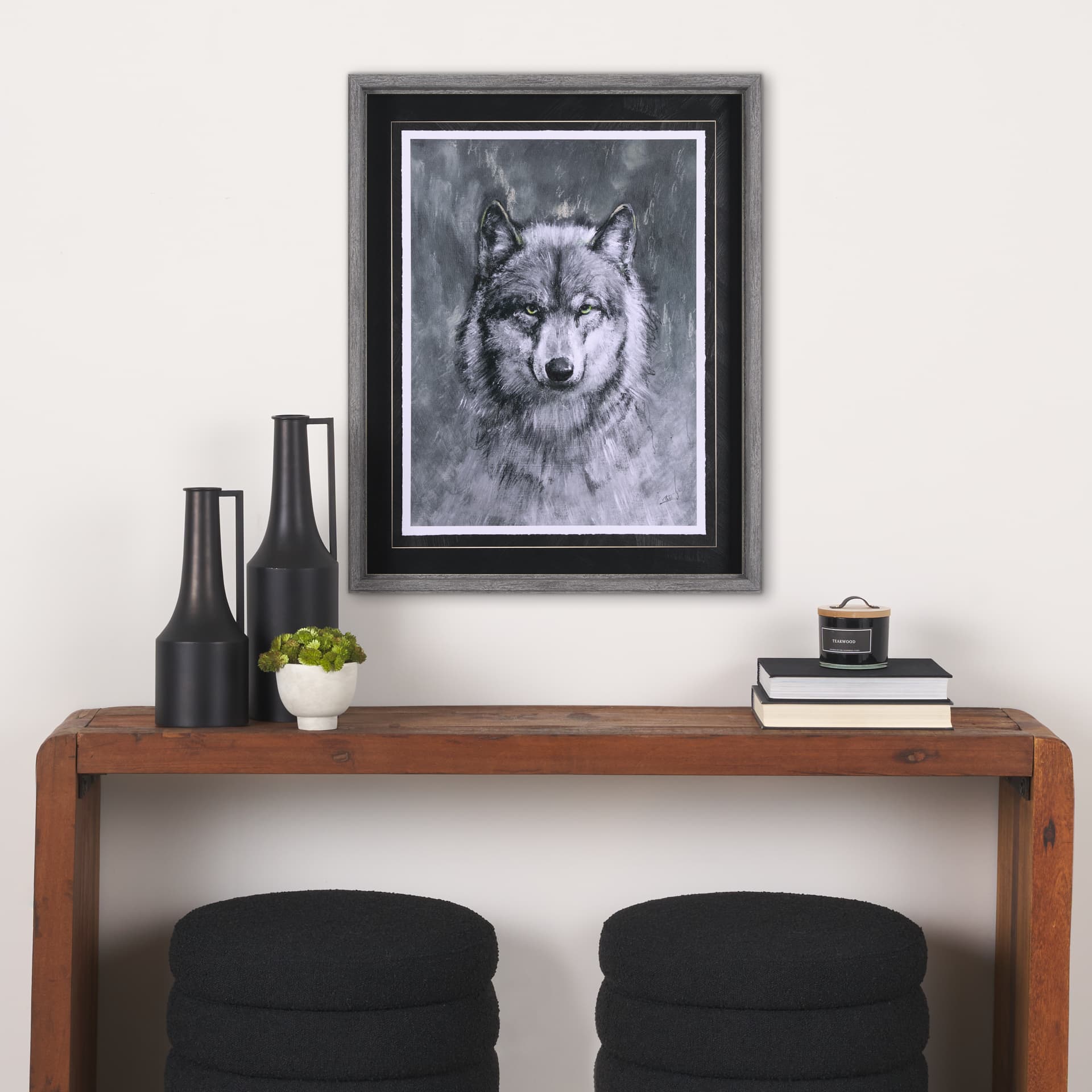 Animal Portrait II (Wolf) by Mercana Studio Hand Embellished Framed Art Print Matted under Glass — in a styled room