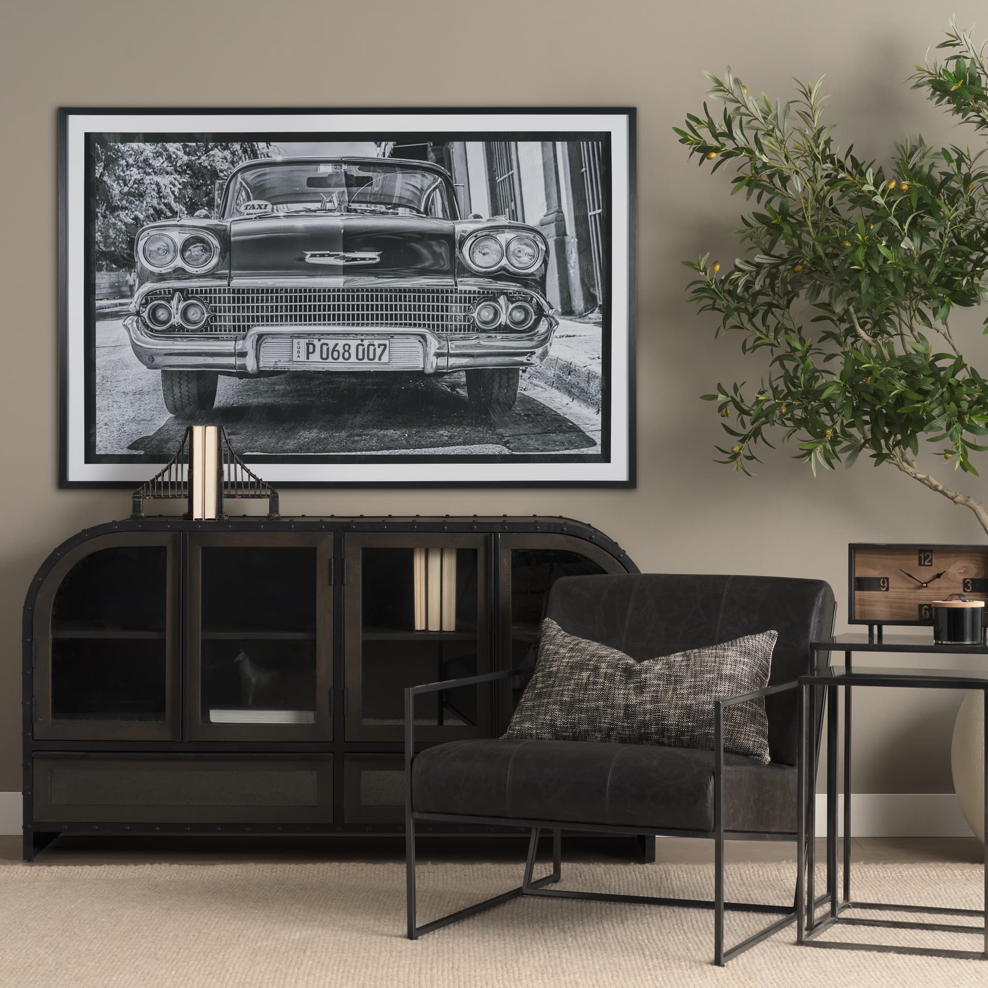 Classic Old Chevy in Havana Cuba by Richard Silver Textured Framed Art Print Matted under Glass — in a styled room