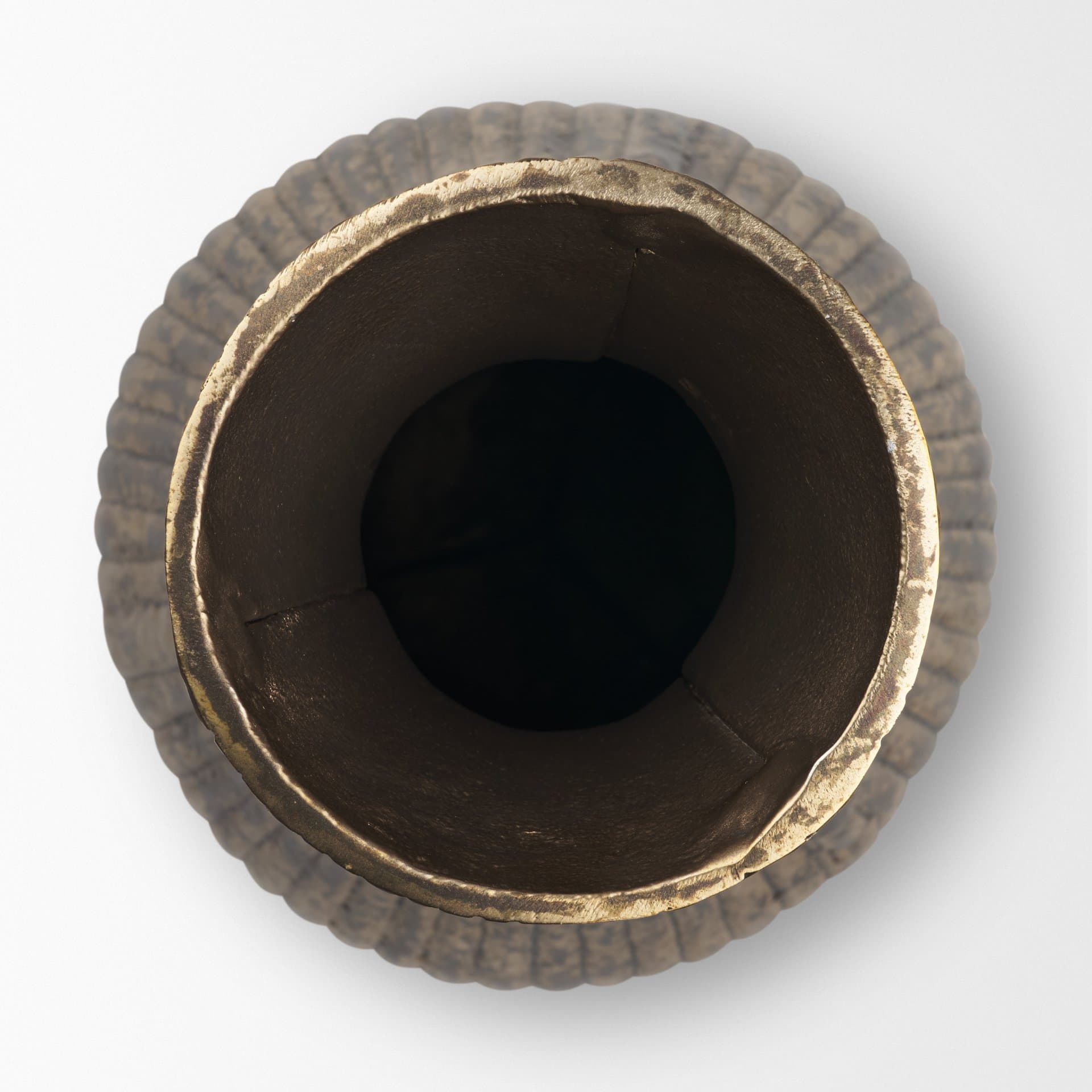 Patine Antiqued Brass Metal Fluted Hourglass Decorative Vase — product photograph