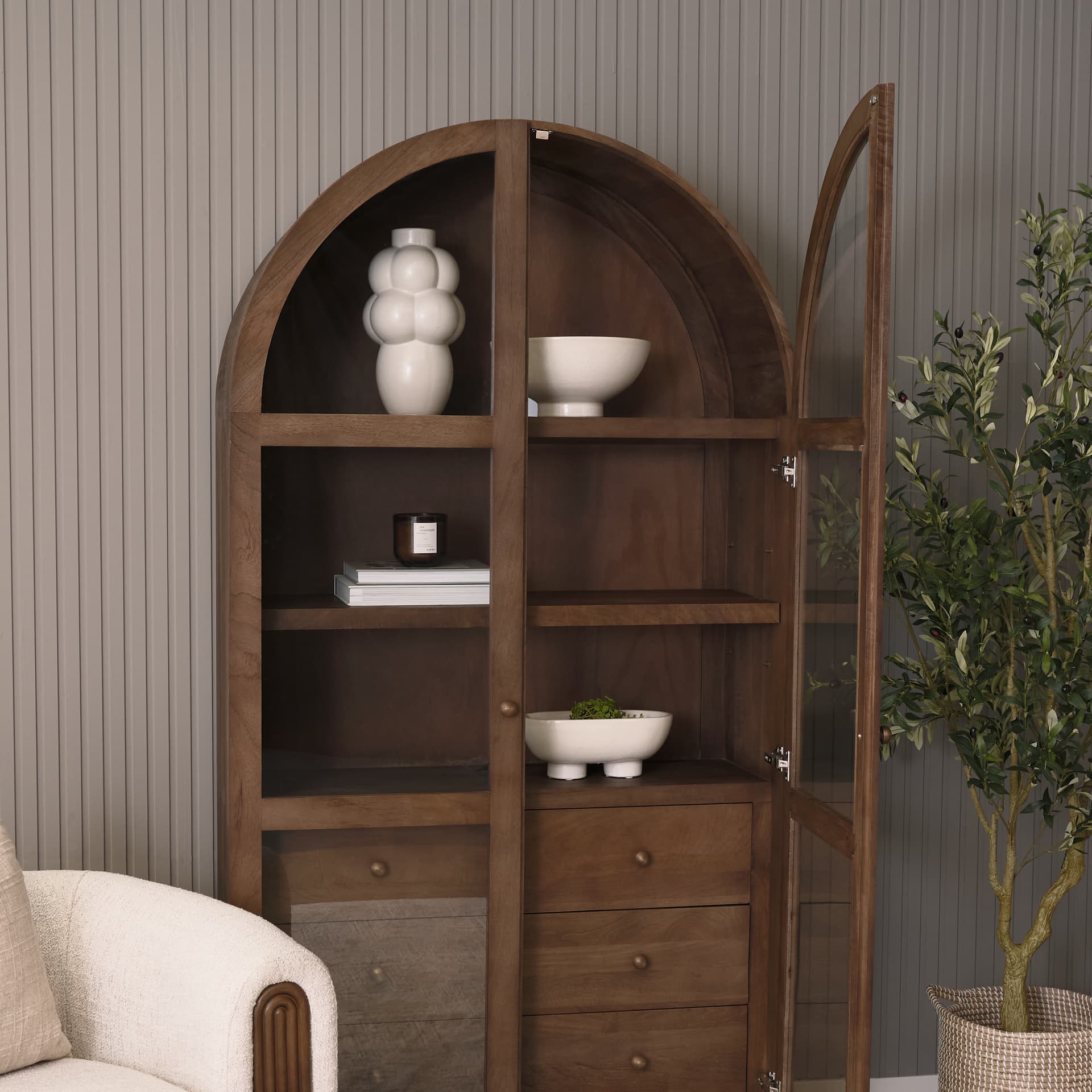 Suri Mid Brown Wood W/Glass Doors Arched Curio Cabinet — product photograph
