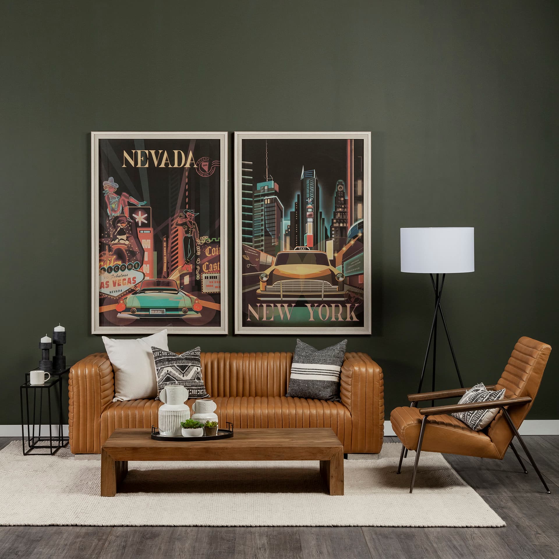 Grosjean Brown Leather Wrap Metal Frame Accent Chair — in a styled room