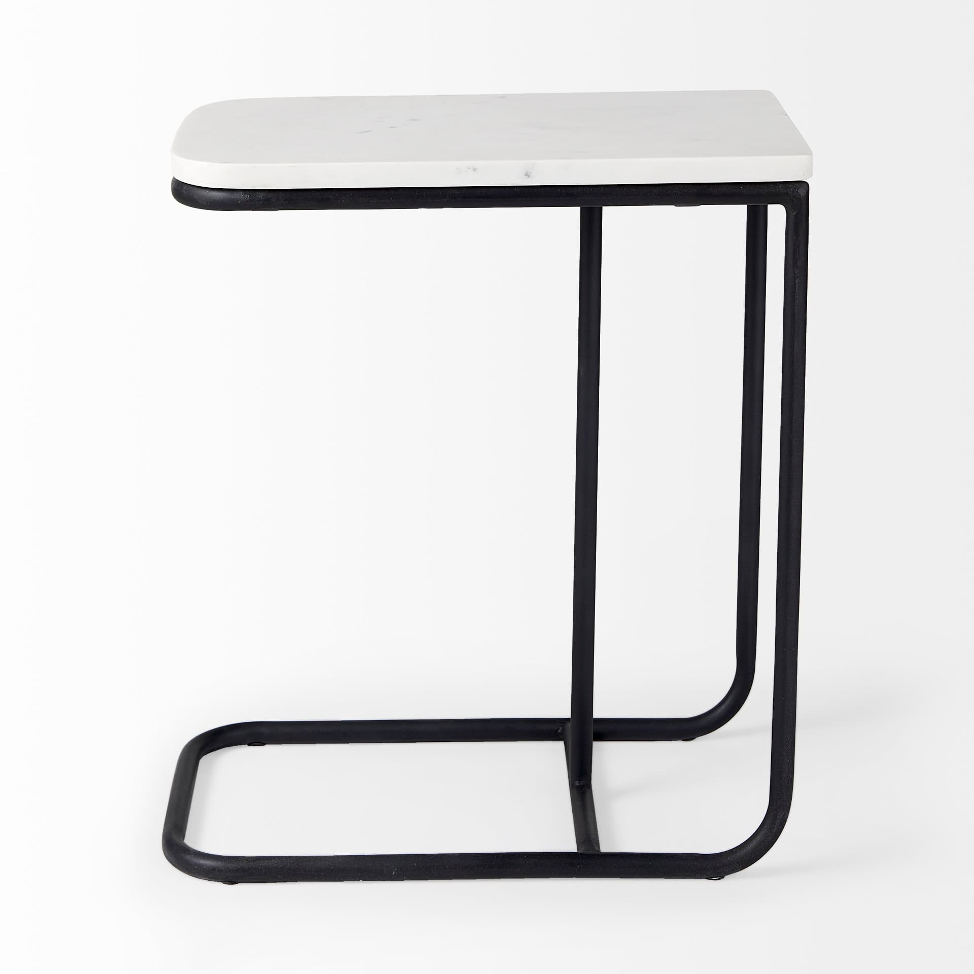 Kyra 12.0L x 20.0W x 23.0H White Marble Top W/Black Iron Frame C-Shaped End and Side Table — product photograph