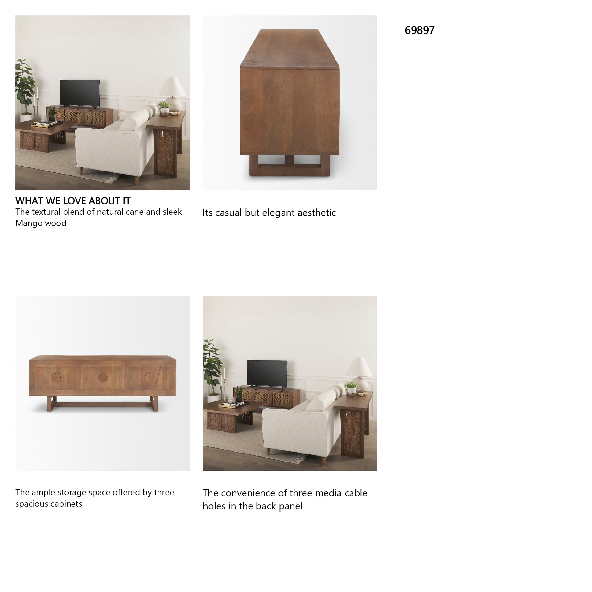 Grier 65" Medium Brown Wood W/ Cane Media Console — in a styled room